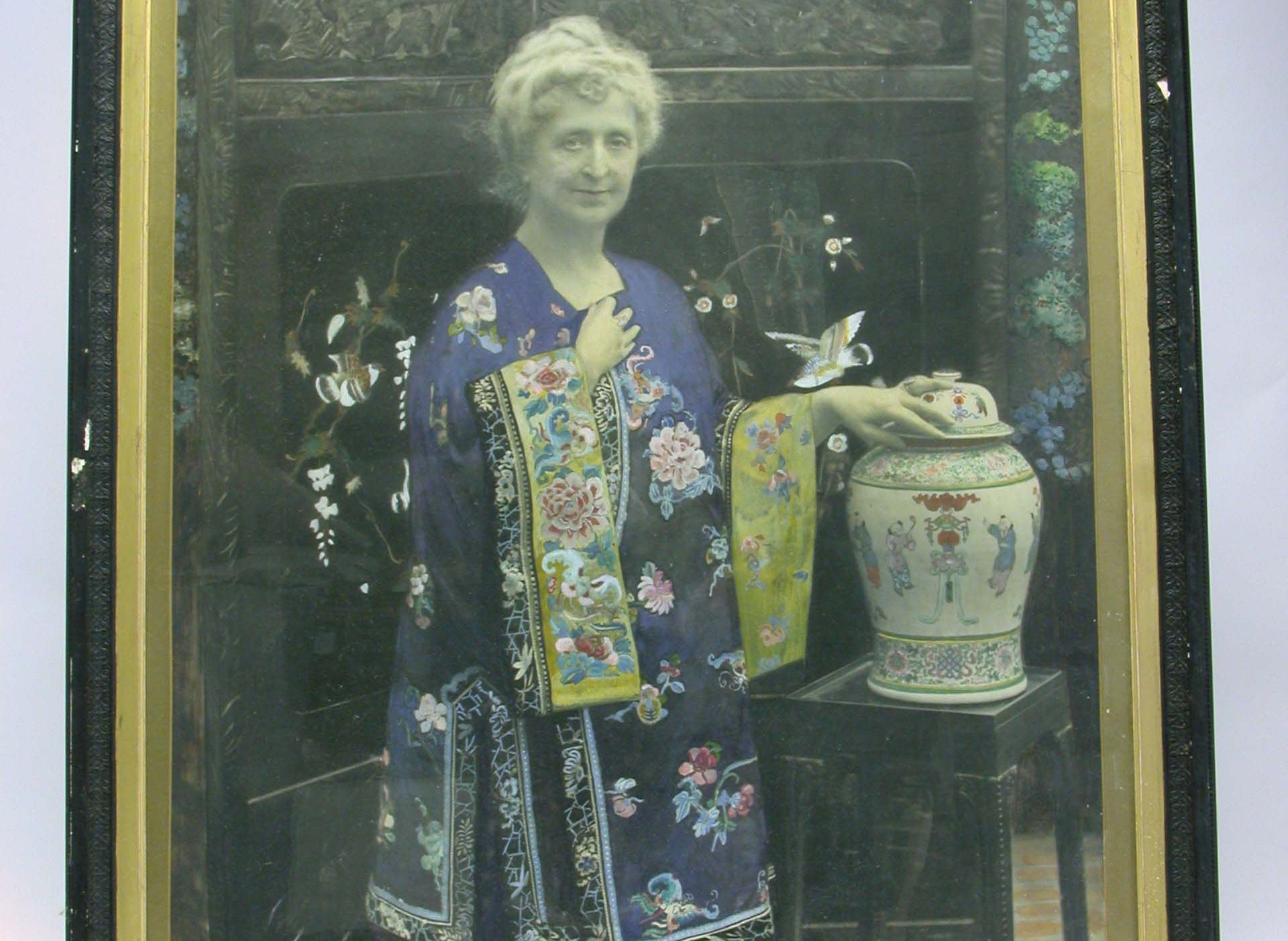 A tinted photograph of Clarissa Margaret 'Clara' Boehmer, Agatha Christie's mother, wearing a Chinese blue silk jacket.
