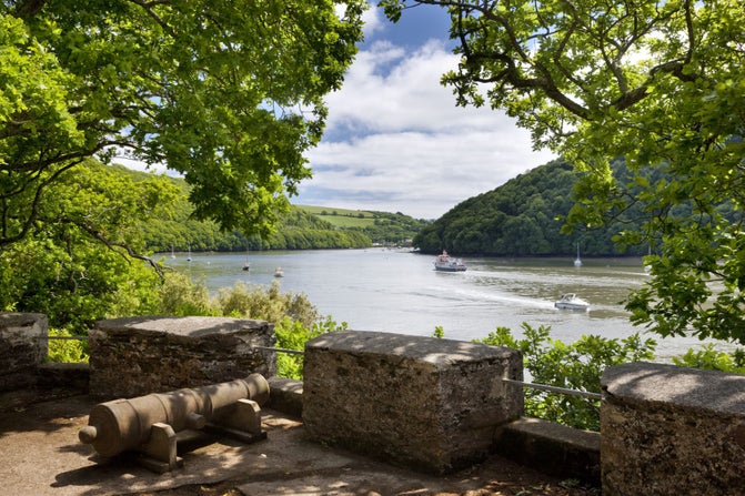 View of the Dart Estuary downstream from The Battery at Greenway, Devon