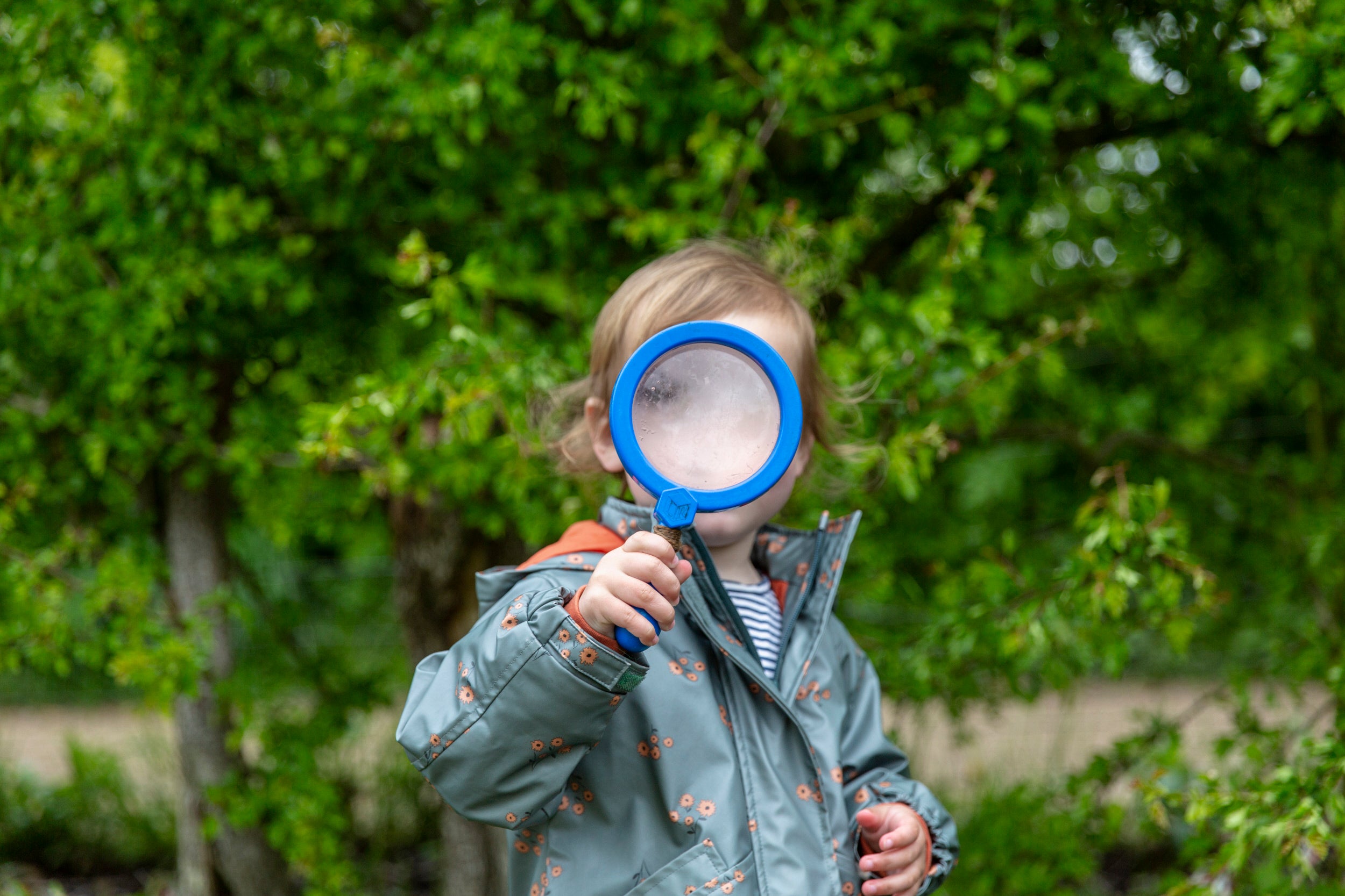 A child looks trough a magnifying glass