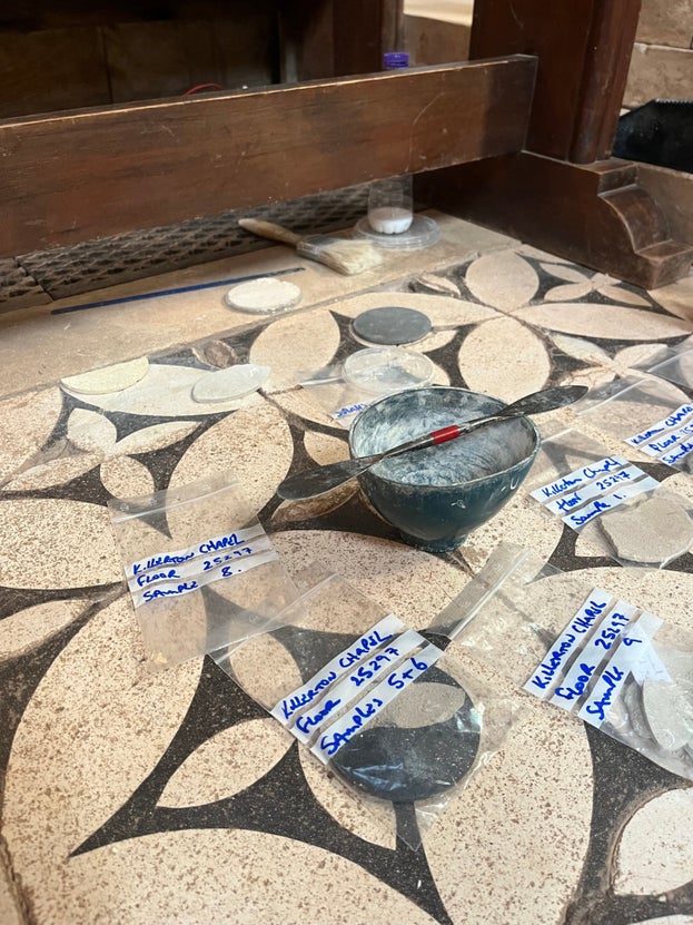 Conservation work matching the floor tiles in the chapel at Killerton