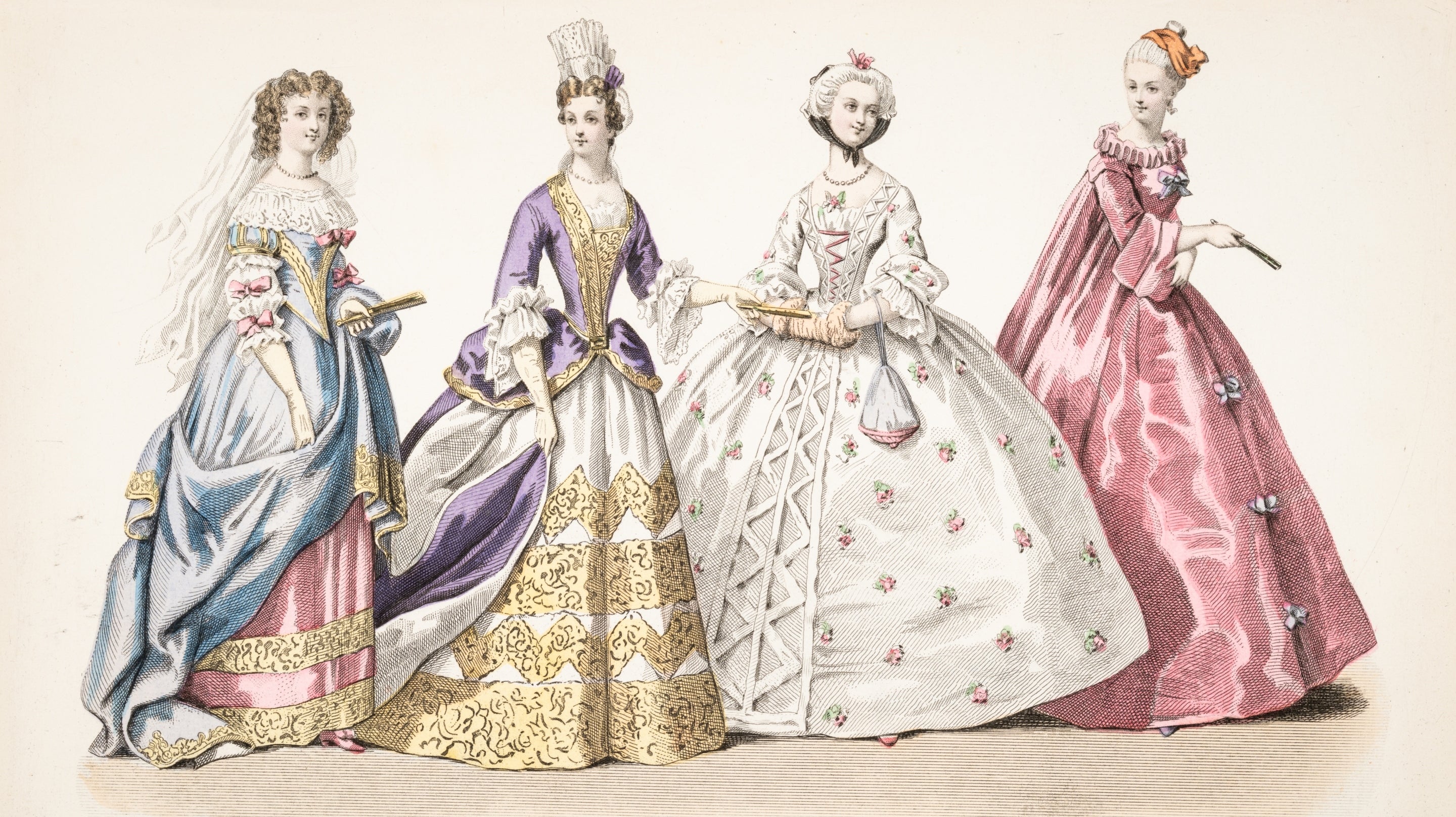 An illustration of 4 dresses dating from 1889