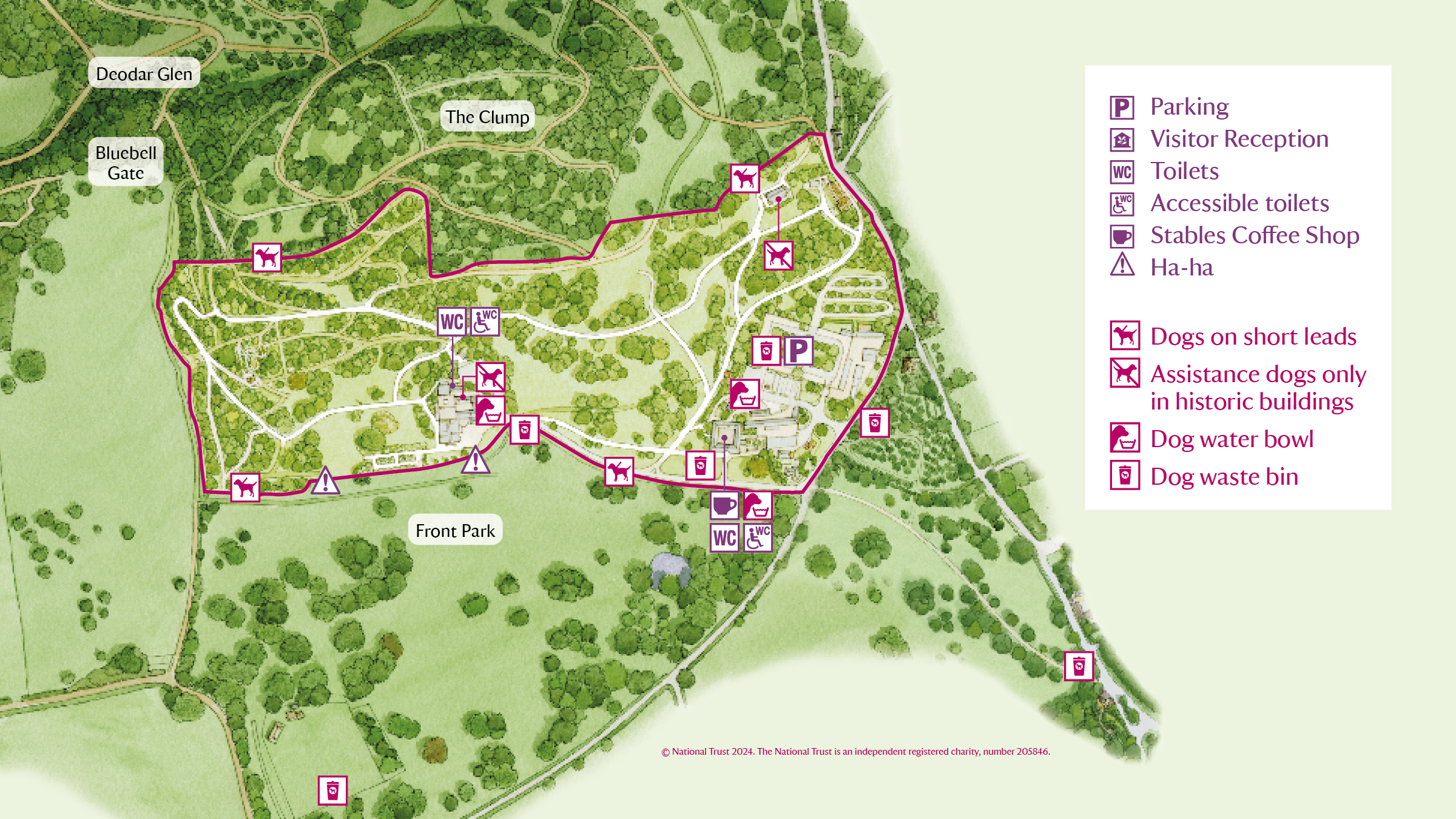 A map of the dog facilities and on lead areas at Killerton
