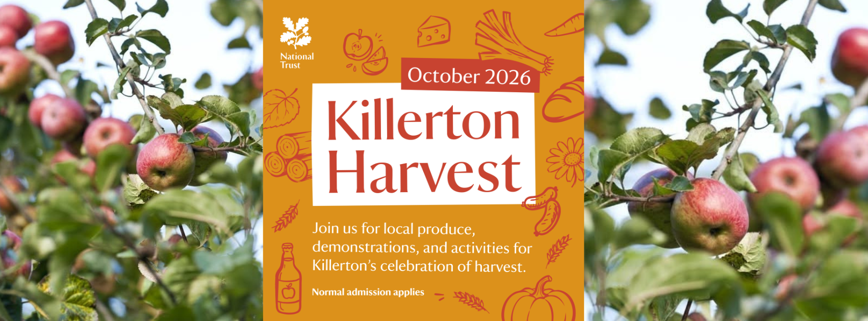 A poster showcasing the upcoming Killerton Harvest with the words: Join us for local produce, demonstrations, and activities for Killerton's celebration of harvest.
