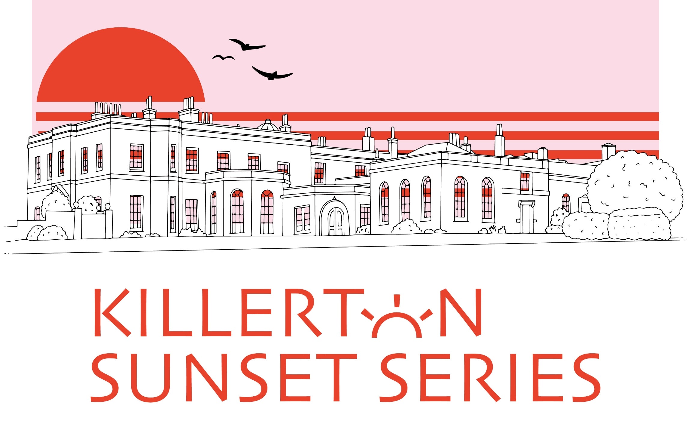 An illustration of Killerton House with the sun setting behind it
