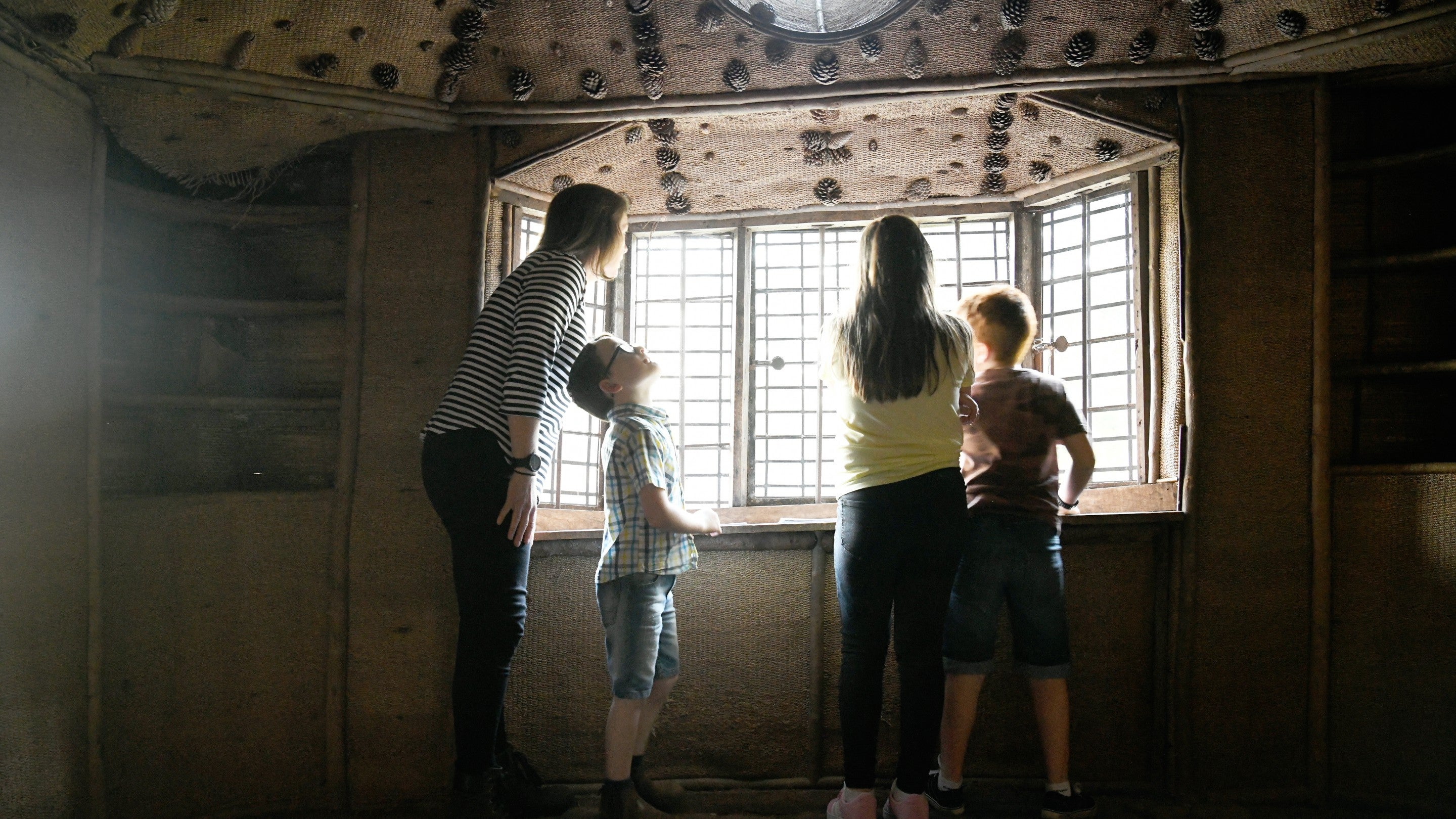 Visitors inside the Bear Hut, looking out of the window at Killerton, Devon