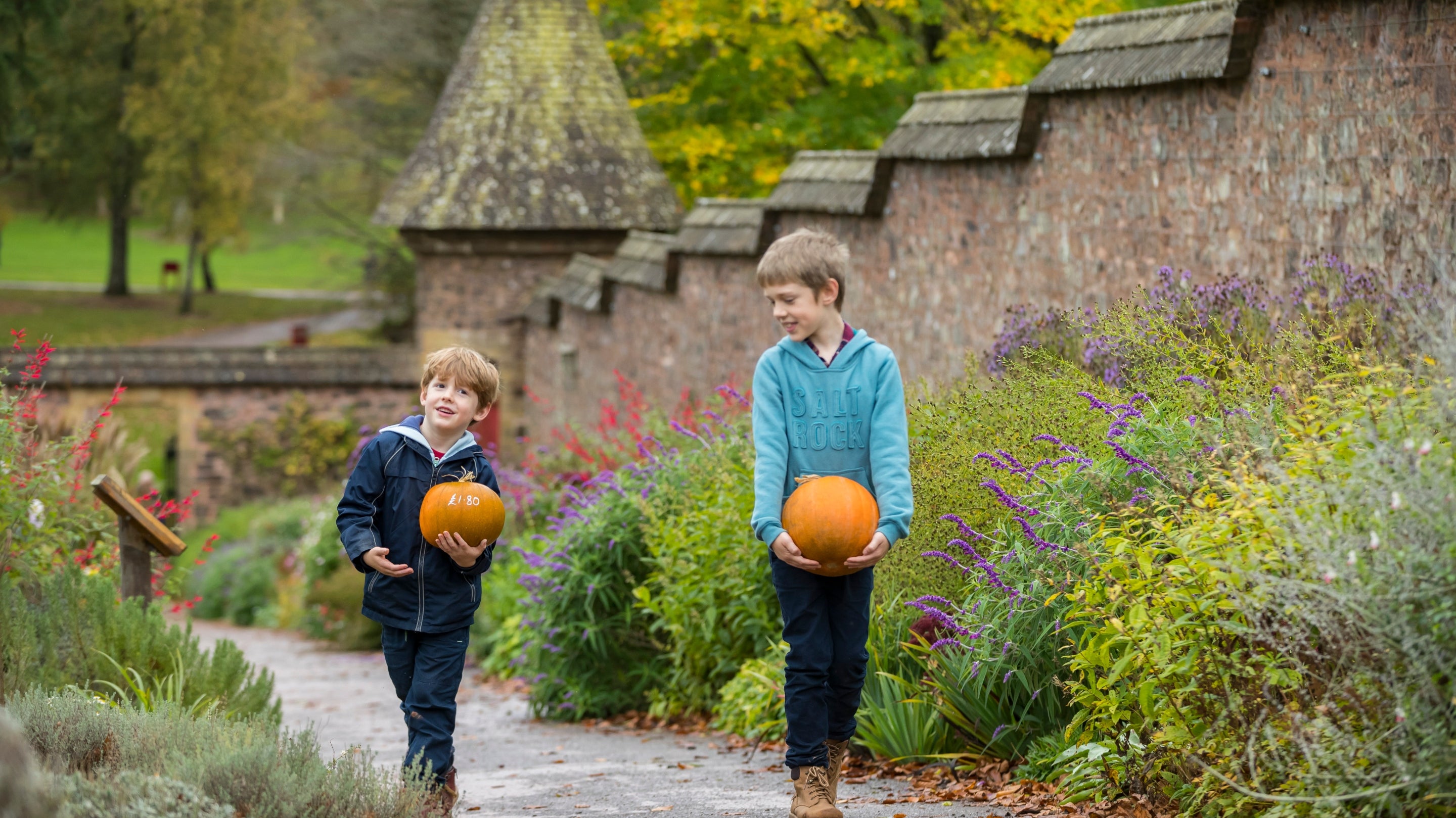 Two children carrying pumpkins up a pathway in the Knightshayes' Kitchen Garden, with borders either side of the path brimming with late flowering plants.