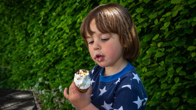 Young child eating an ice cream by a beech hedge at Lydford Gorge, Devon