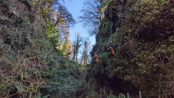 Two people scaling a steep rock face with rope and harness to survey for safety at Lydford Gorge in Devon