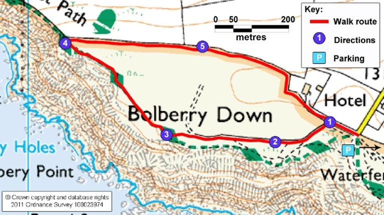 Ordnance map of the amble on the down walk at Bolberry Down