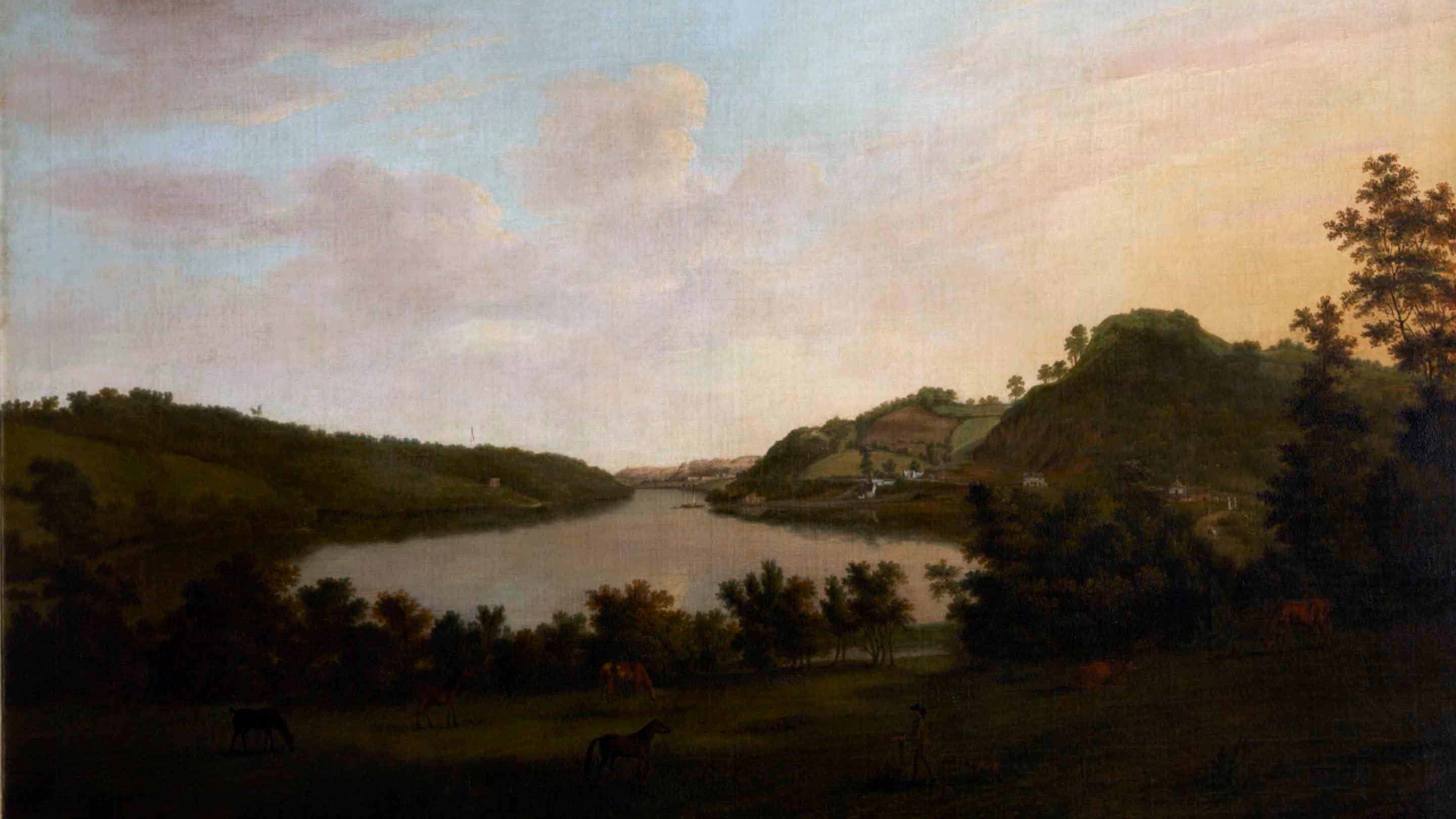 'The River Plym and Saltram Wood' by William Tomkins (1771), oil on canvas. The painting depicts a view looking downstream with Saltram Wood and the Amphitheatre on the left, and the house and gardens lie behind.