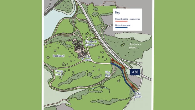 A illustration of Saltram showing where the construction works are going to be taking place in relation to the mansion