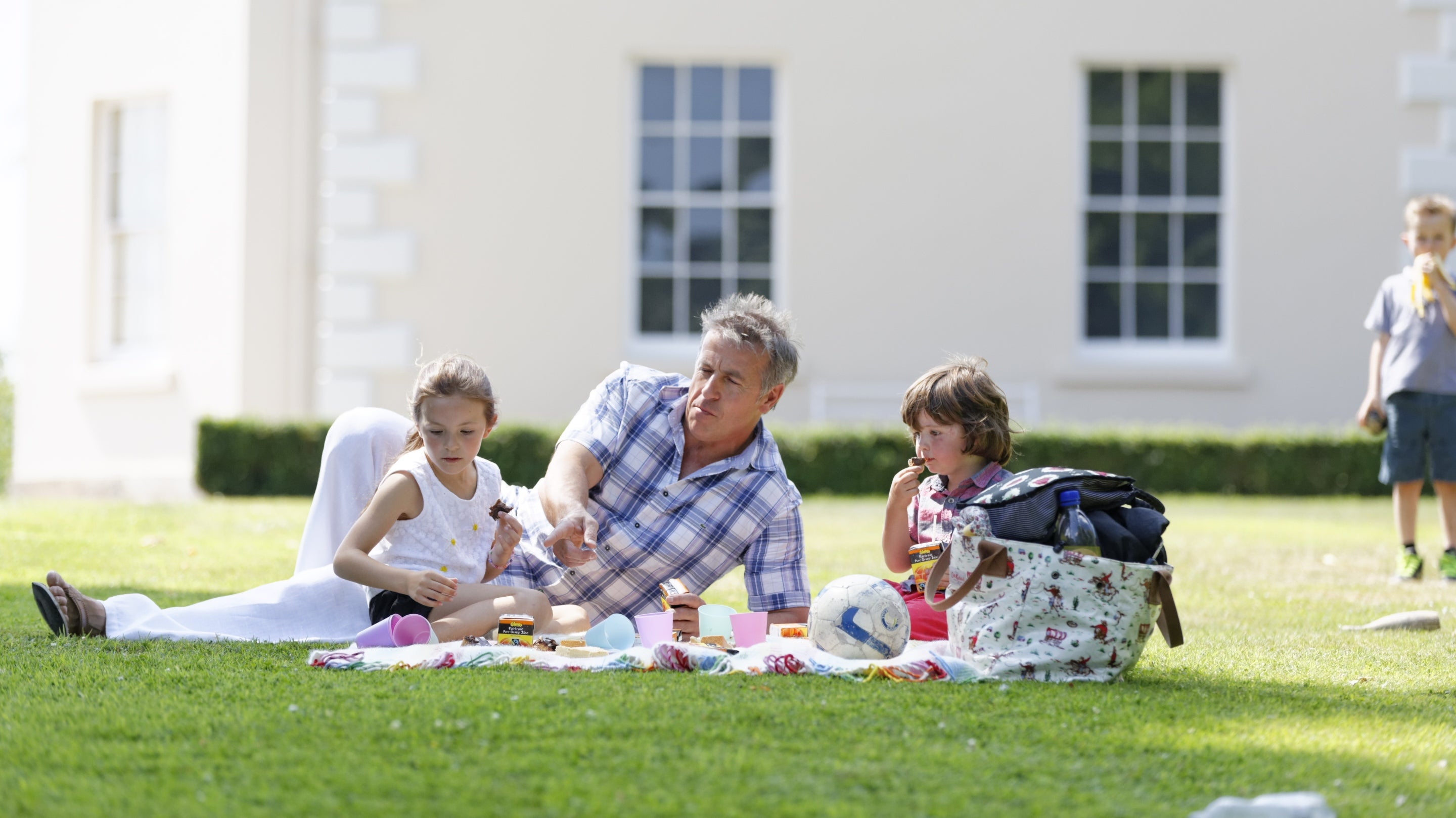 Visitors enjoying a picnic in the grounds of Saltram estate, Devon