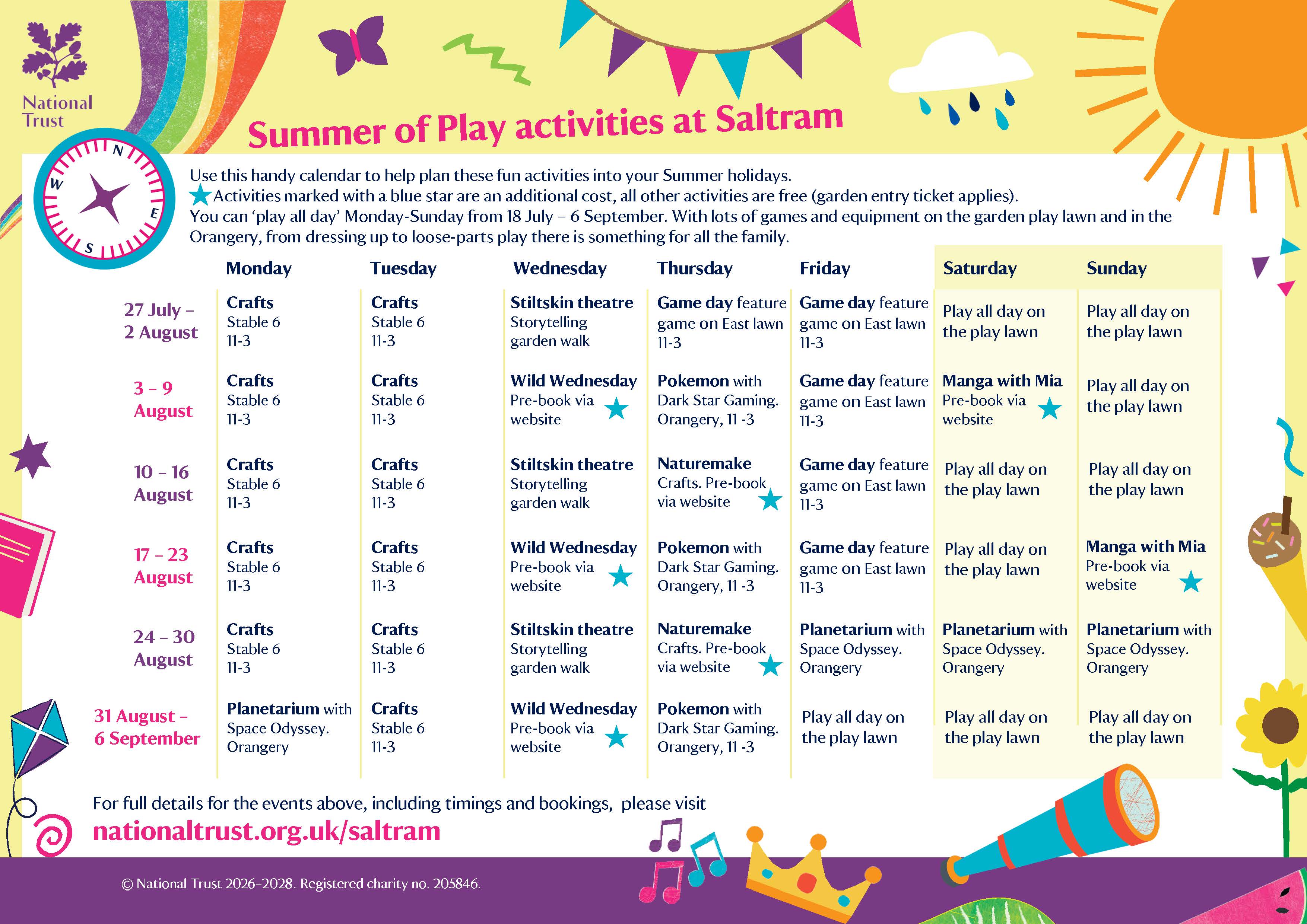 Calendar of events each day over Summer of Play at Saltram from 27 July to 6 September