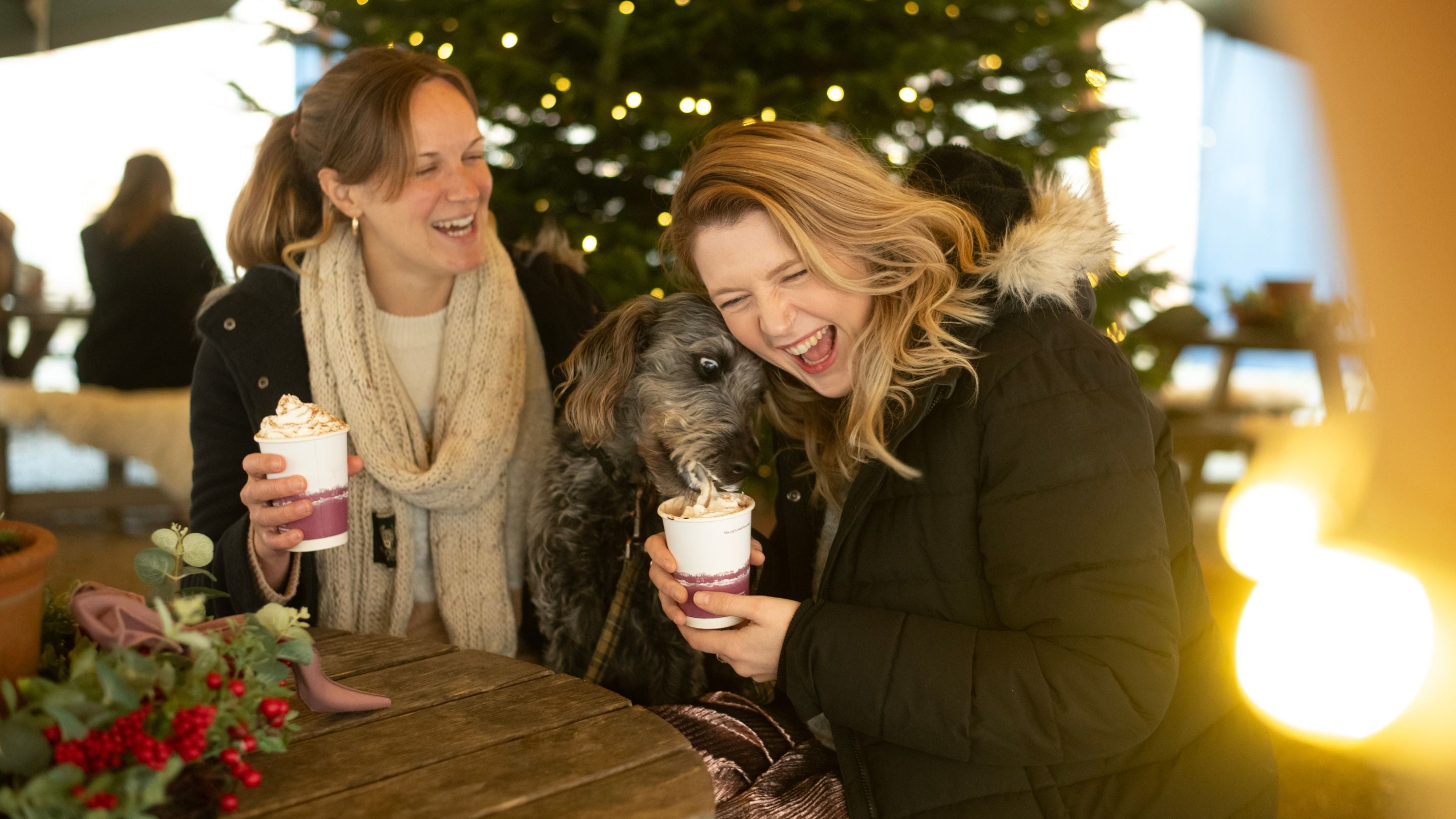 Two women laugh as a dog licks the cream from one of their hot chocolates under Saltram's Christmas tepee