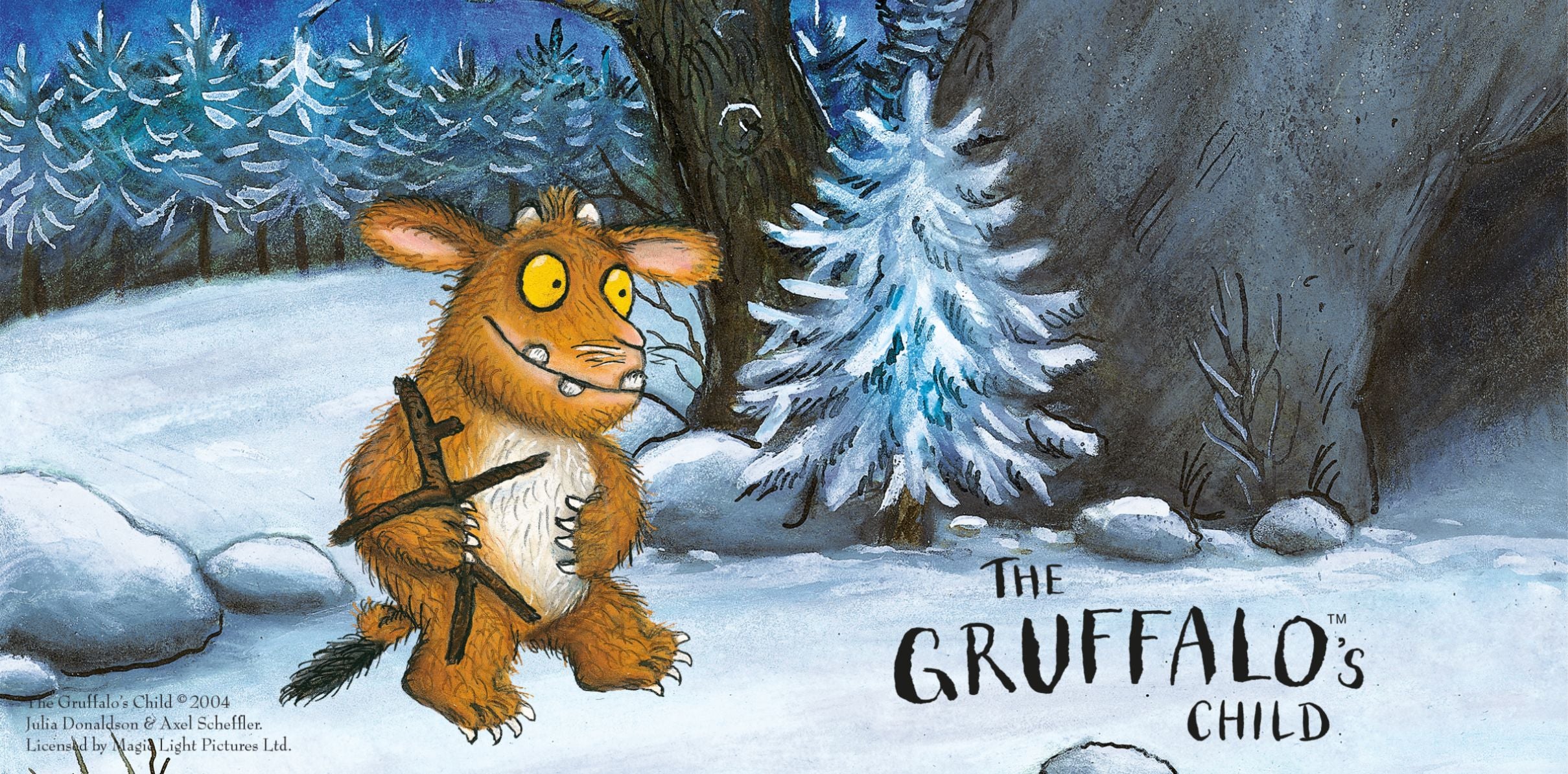 Illustration of Julia Donalsons The Gruffalo's Child. Wintry snowy forest scene with Gruffalos child carrying a stick man.