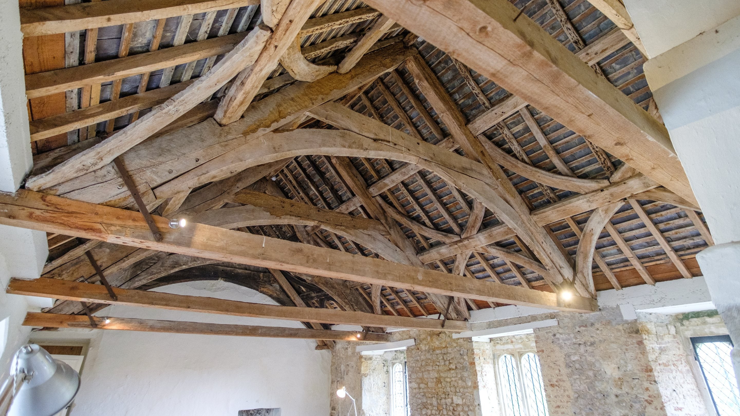 The wooden roof trusses at Shute Barton