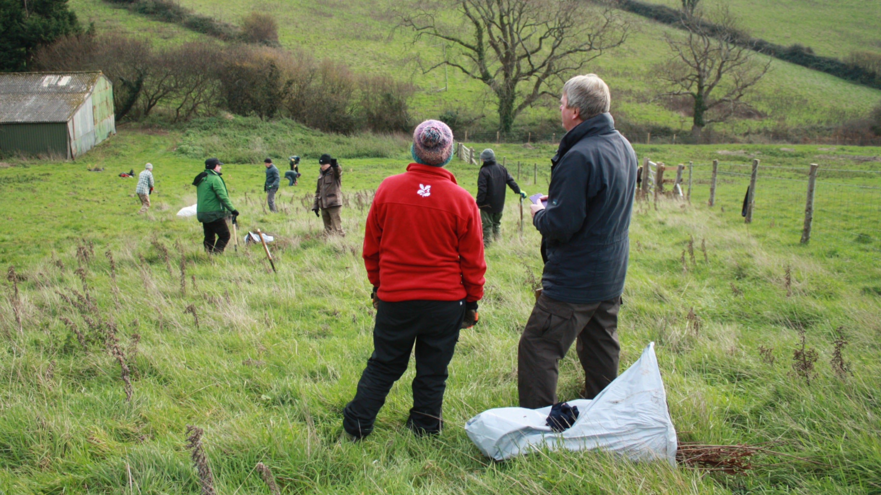 View across green fields with adults planting trees in the foreground.