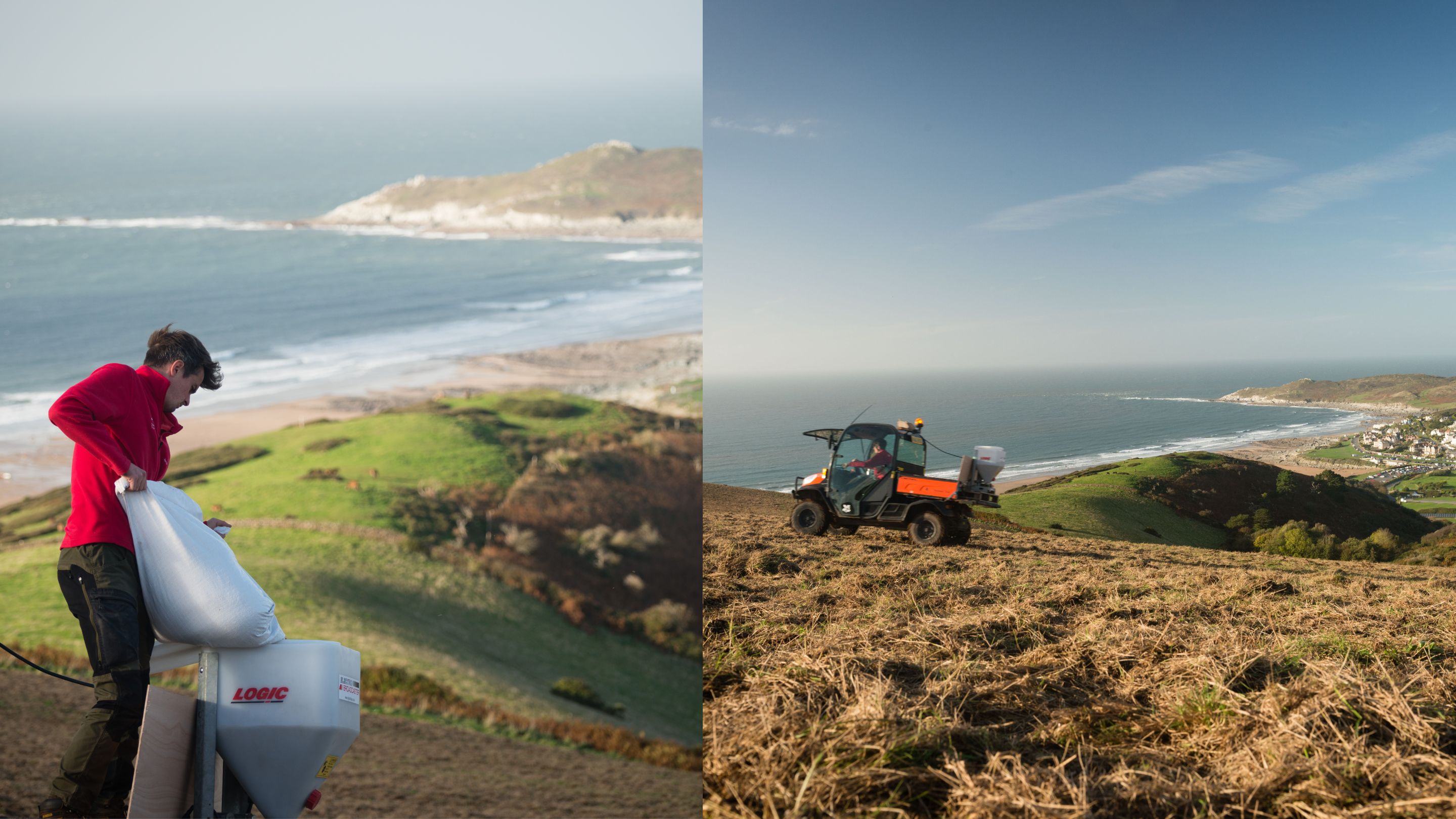 Person filling the spread with seed on the left and the machine spreading it across the field on the right