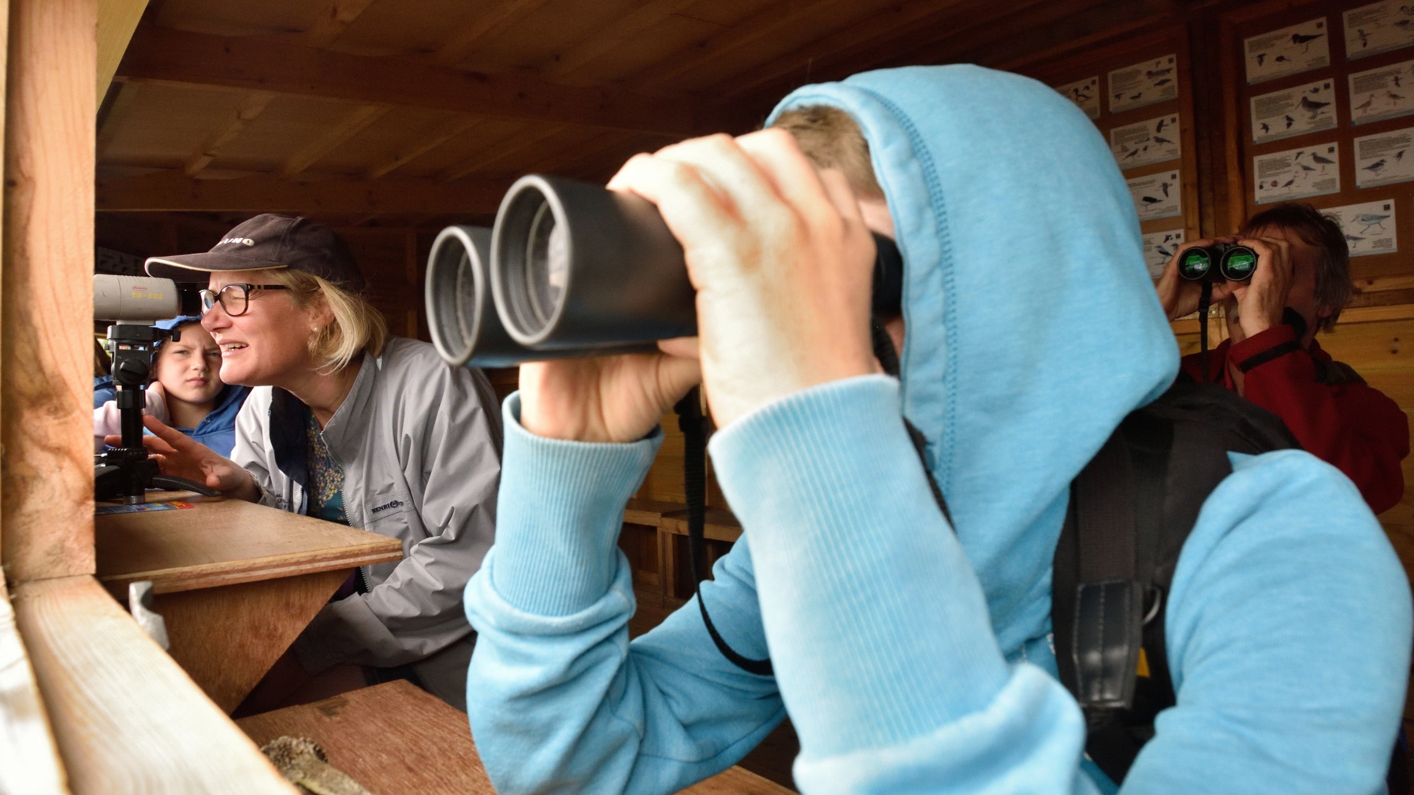 A group of people looking out of shot through binoculars. They are sitting in a wooden hut.