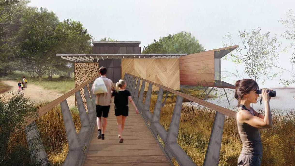 A vision of the new Lookout visitor viewing platform with people walking along the access platform and looking out over the lagoon through binoculars.