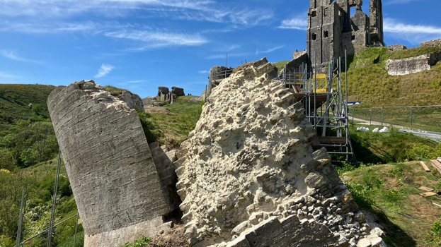 Fallen Tower with clearly visible stonework after conservation at Corfe Castle 2025