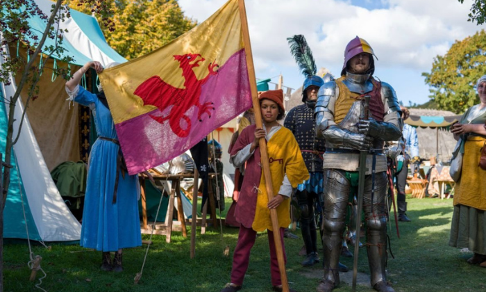 Knights in line ready for battle with child holding out a flag