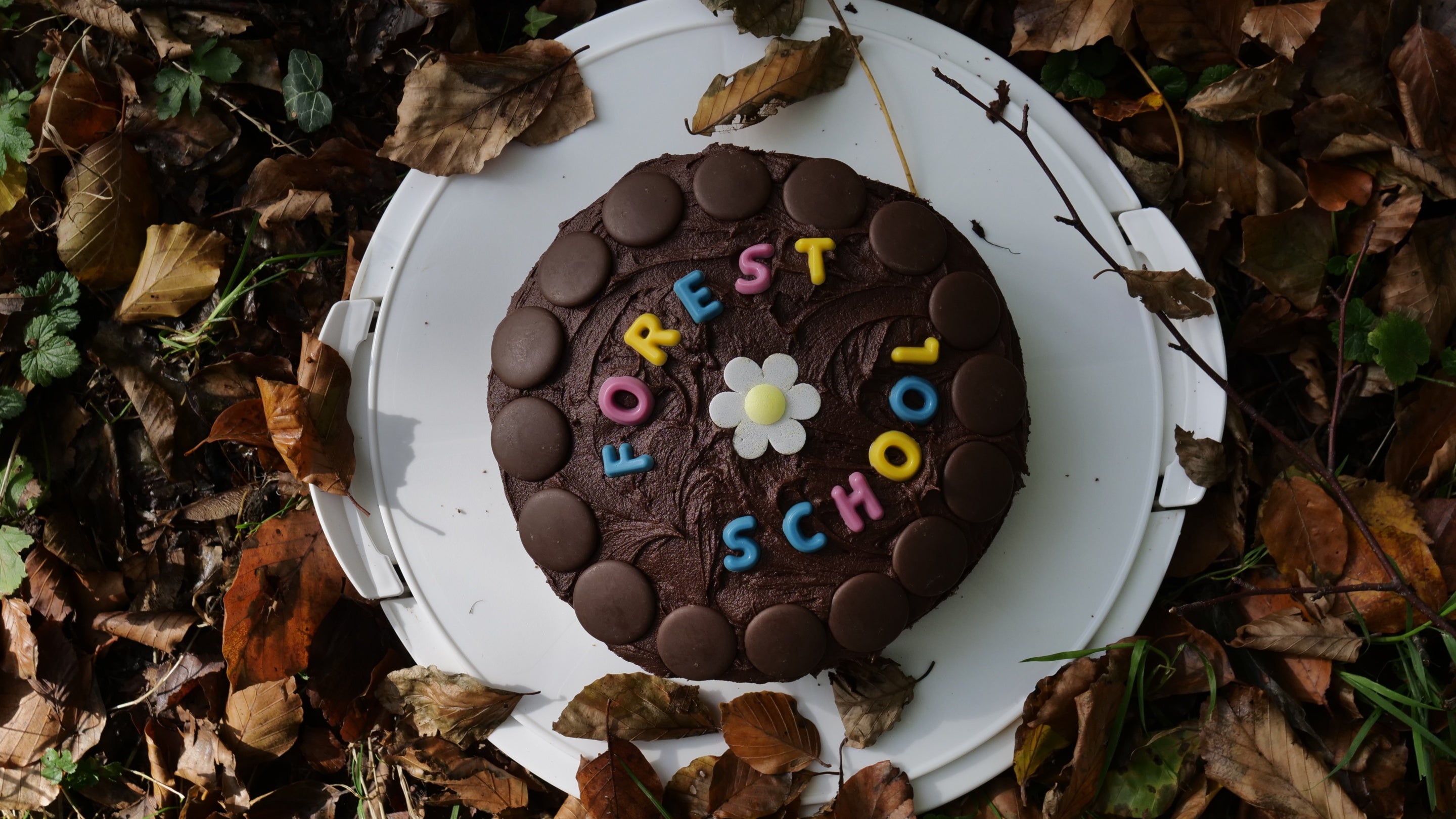 Shot from above, a chocolate cake edged with chocolate buttons, with 'Forest School' written on it and a flower decoration in the centre, at Fontmell Down, Dorset
