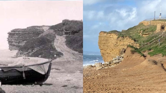 The coastal track at Hive Beach in Dorset in 1925 and today 100 years later.