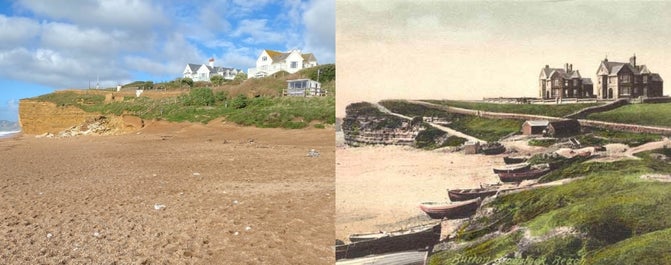 View of Fisherman's Green at Hive Beach in Dorset shown in 1918 and today