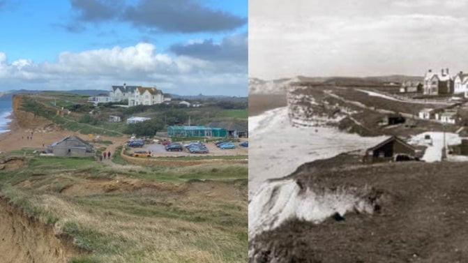 View of Hive Beach in Dorset looking west, in 1925 and today, 100 years later