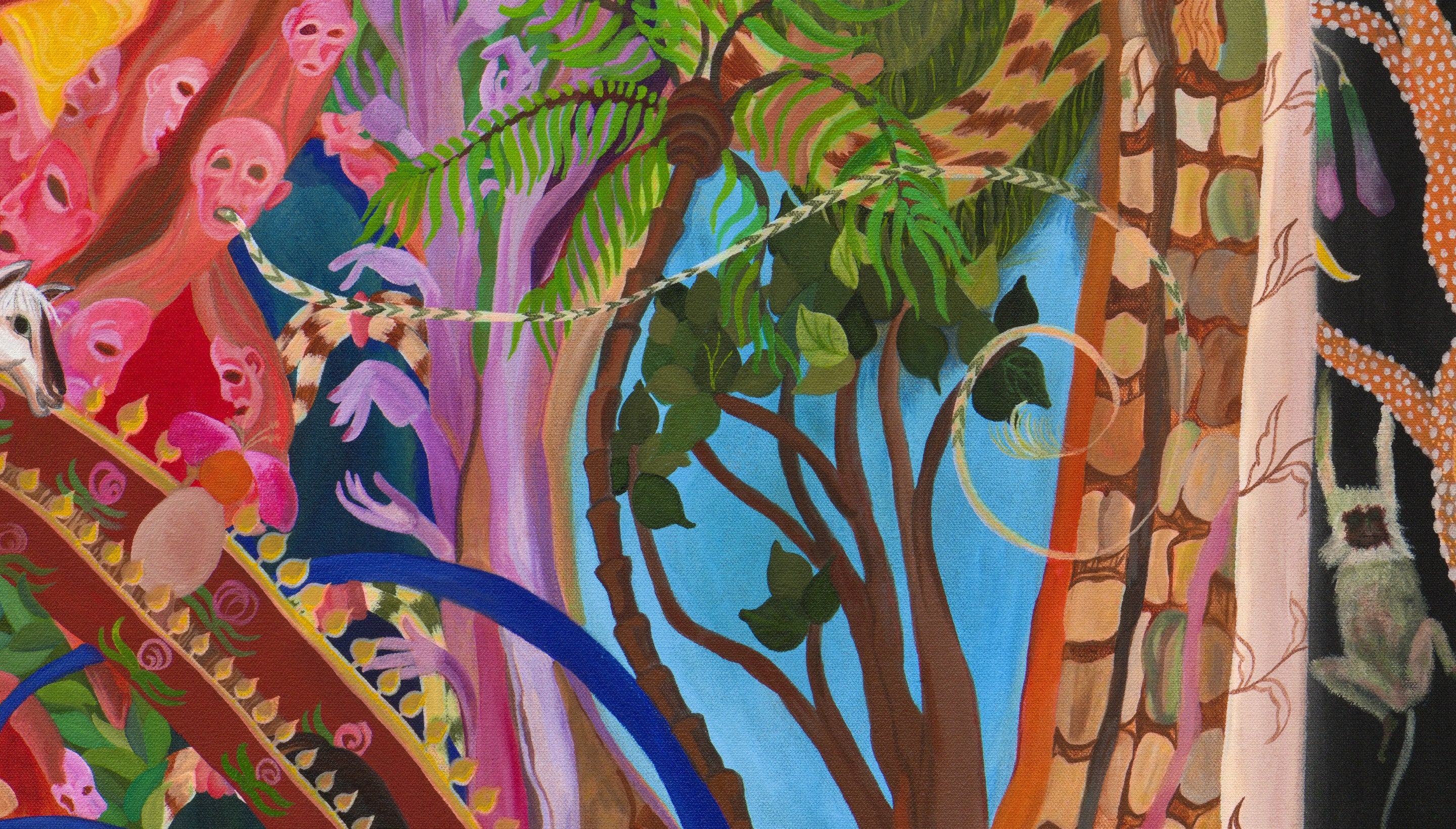 A multi-coloured artwork with motifs from the natural world