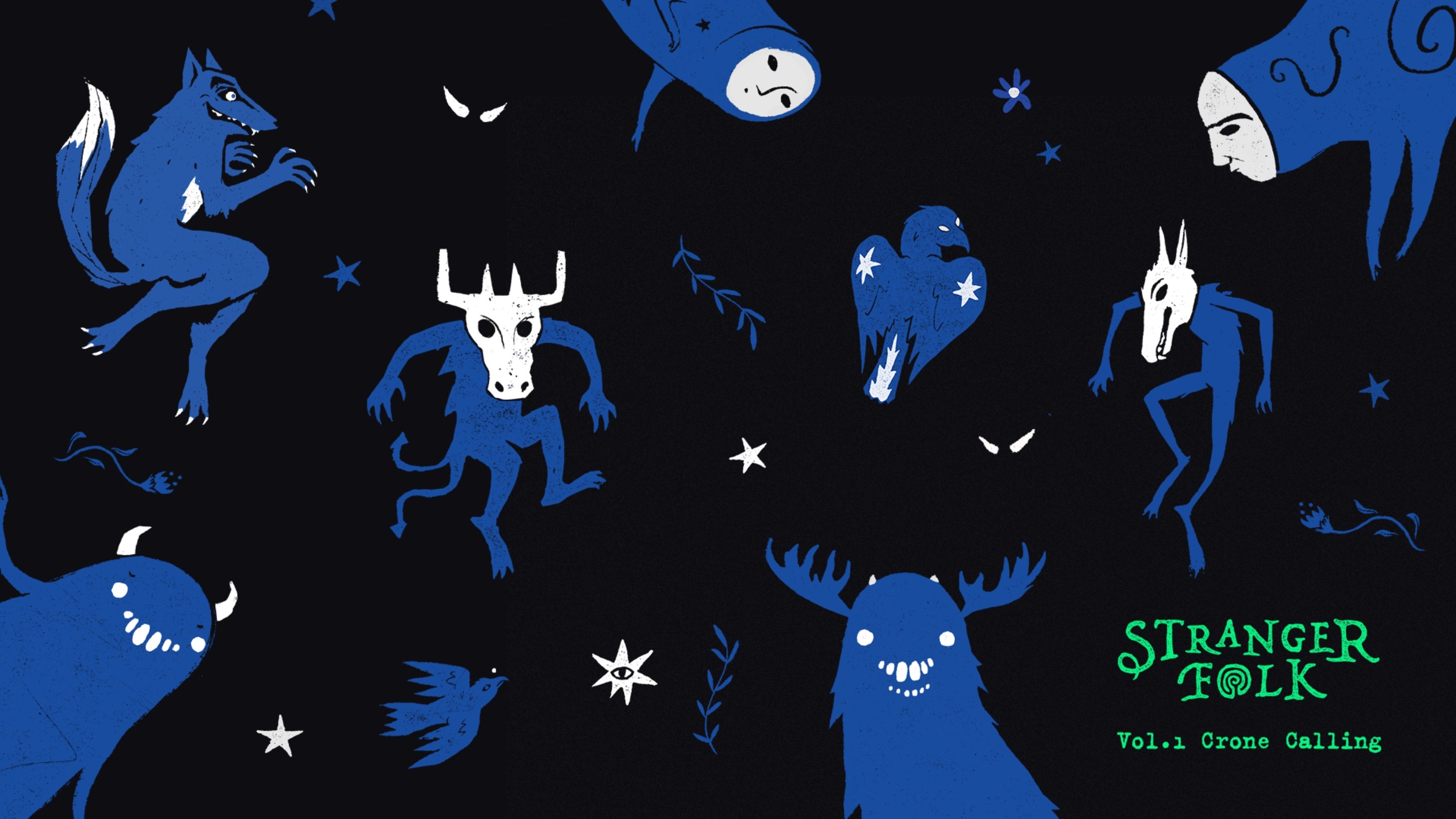 On a black background, strange creatures in blue and white are 'dancing'