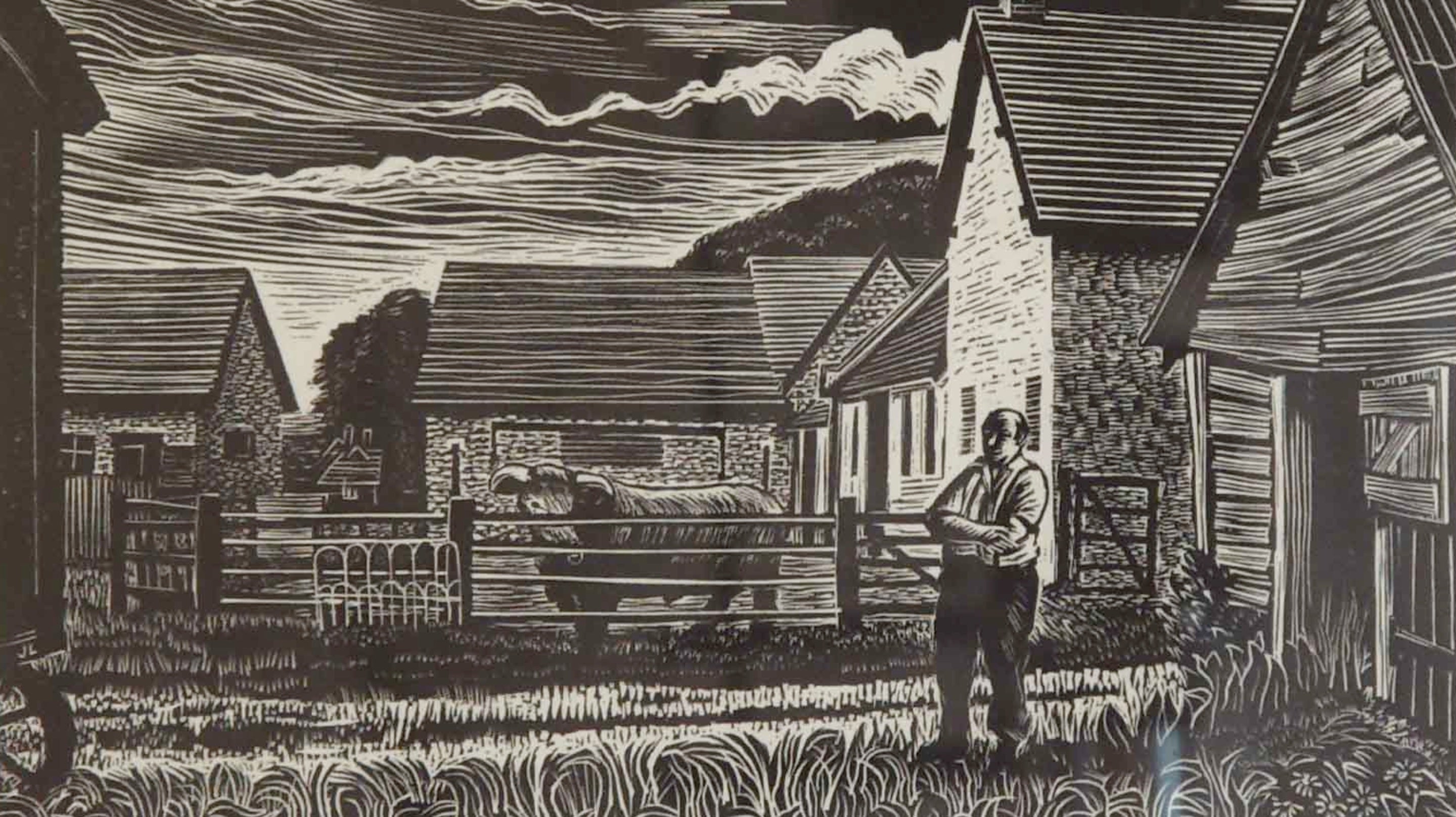 Print, linocut, Home Farm, Kingston Lacy, Dorset by John Liddell (b.London 1924).