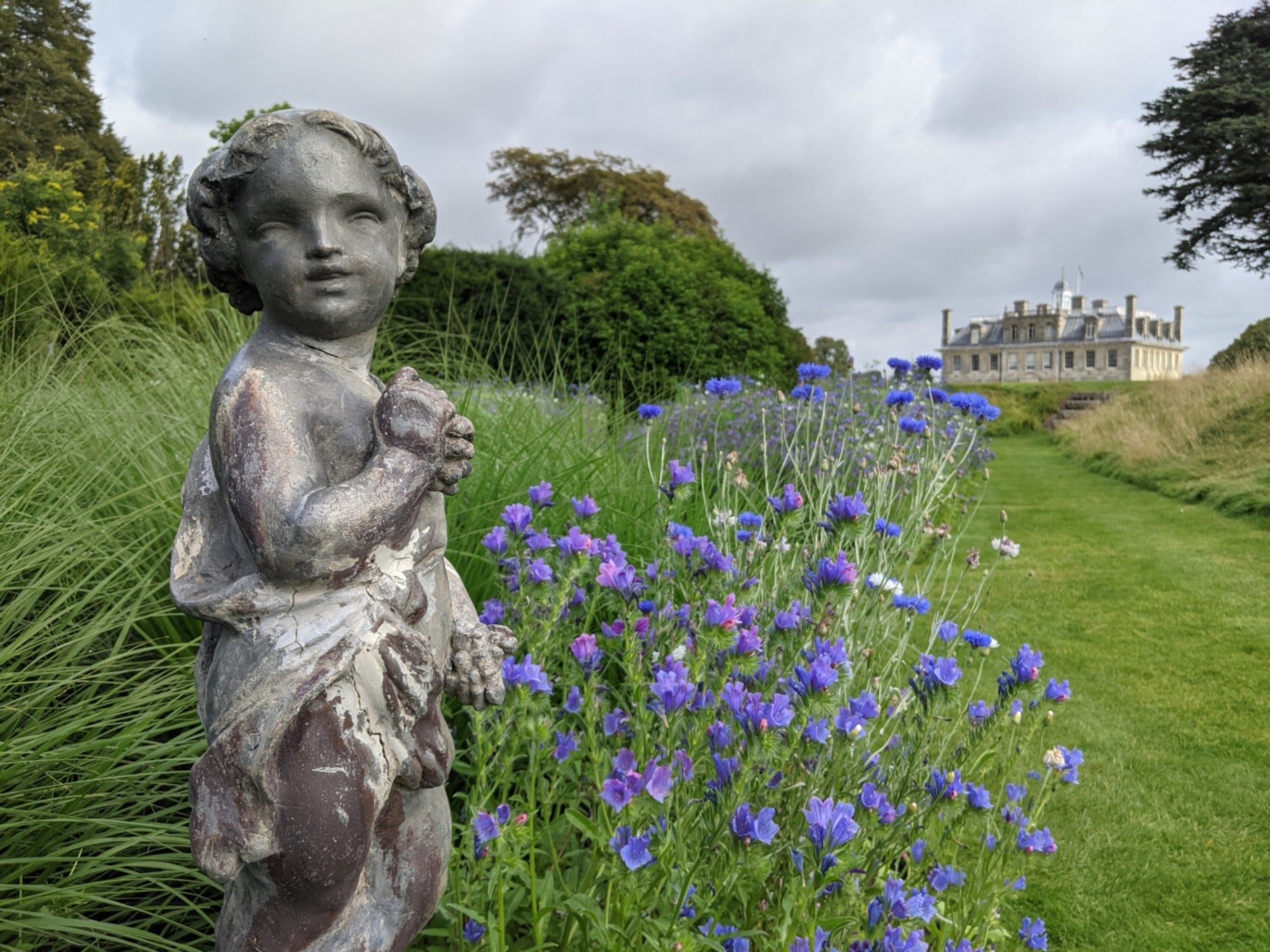 A statue of a child surrounded by loose planting of grasses and wild flowers