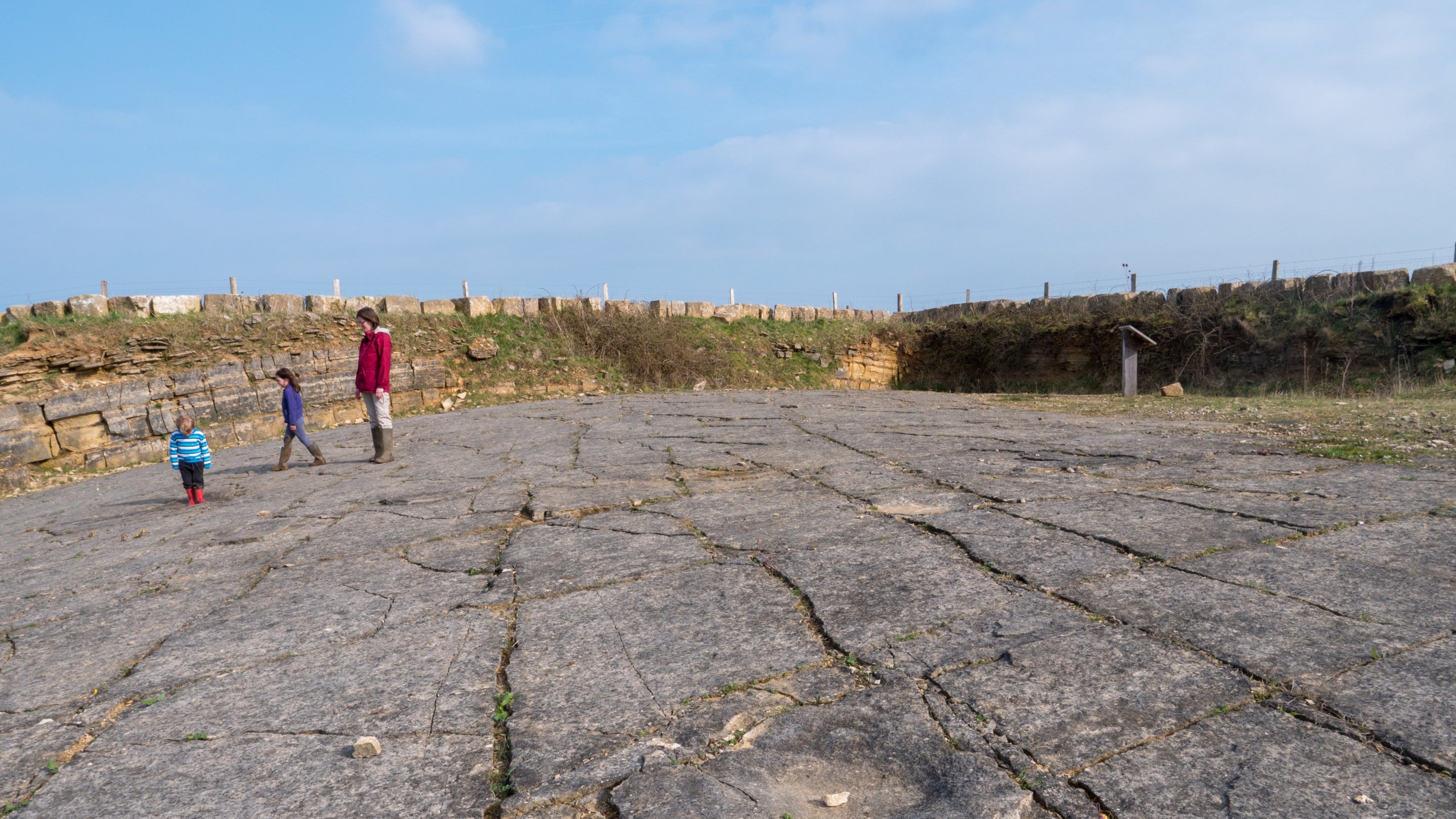 An adult and children explore the fossilised dinosaur footprints in the rock at Keates Quarry on the Dorset coast