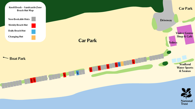 A map showing the location of beach huts at Knoll Beach