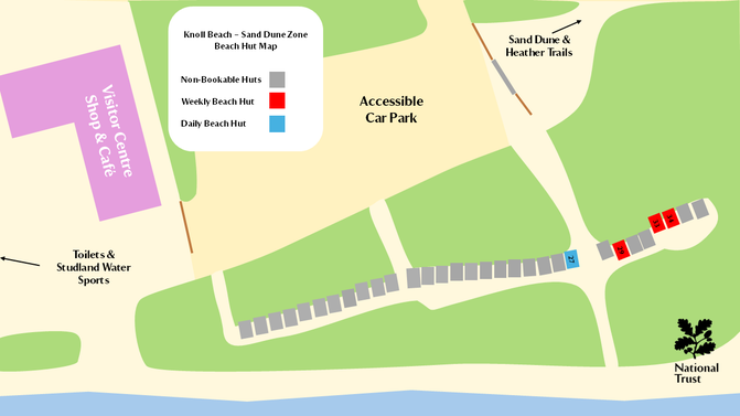 A map showing the location of beach huts in the dunes at Knoll Beach