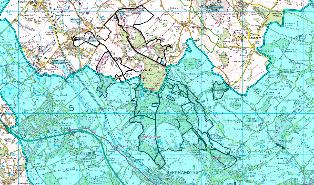 A map showing the extent of the PSPO across Ashridge Estate within the Borough of Dacorum