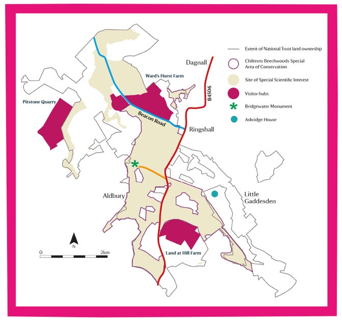 Map showing locations of the proposed new visitor gateways at Ashridge Estate