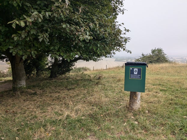 A dog waste bin at Ashridge Estate next to a large tree