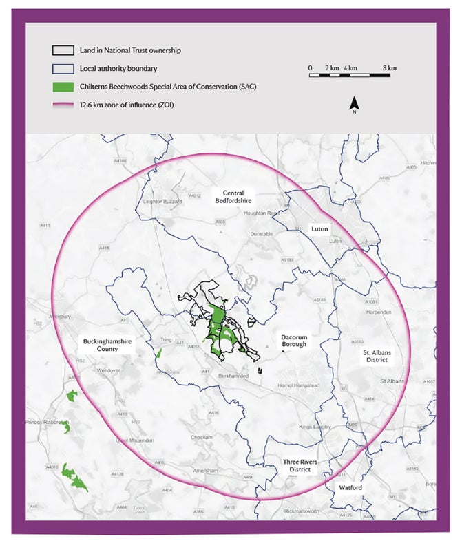 Map of ZOI of the Chilterns Beechwood Mitigation Strategy at Ashridge Estate