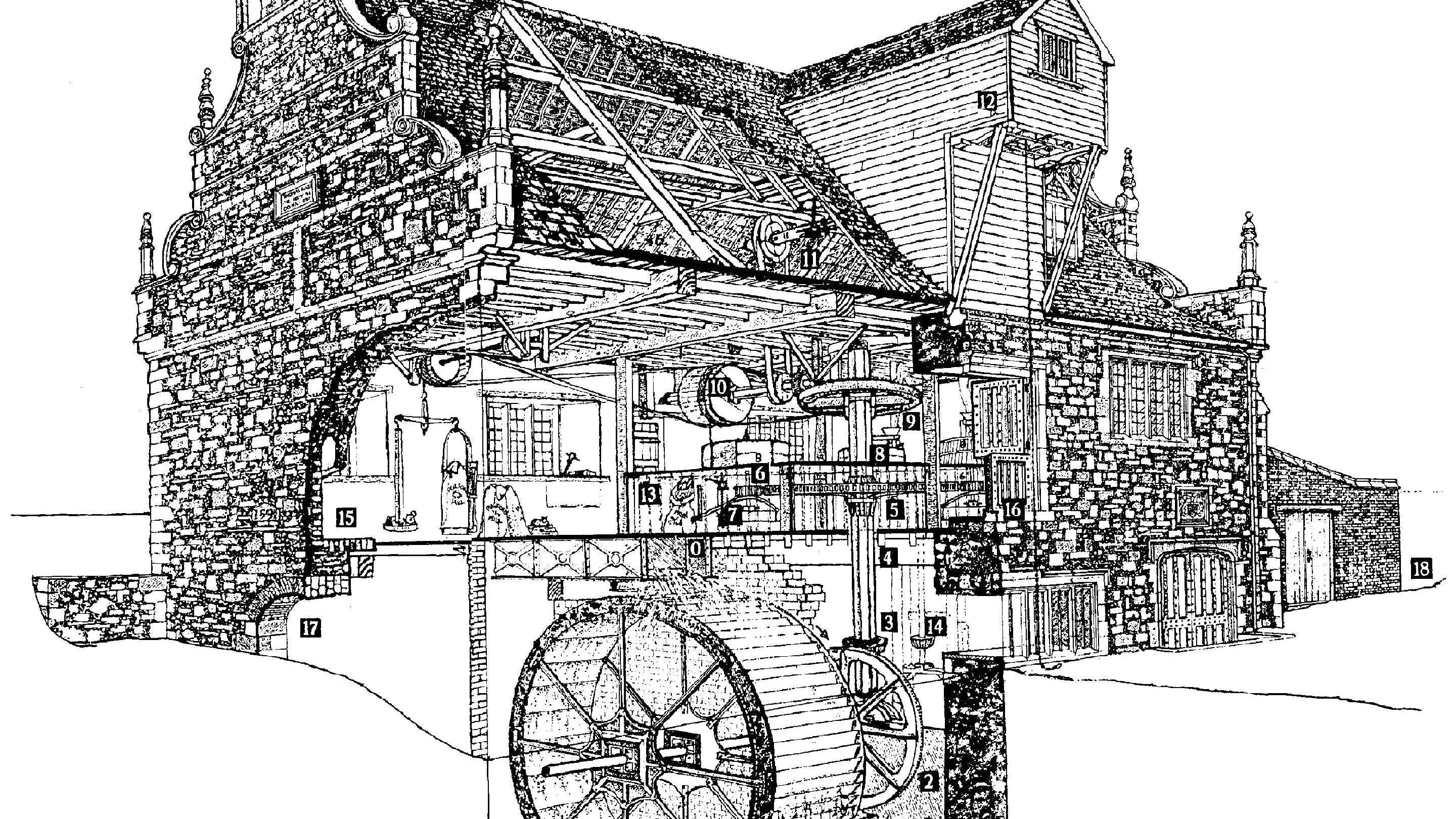 Line drawing of Bourne Mill