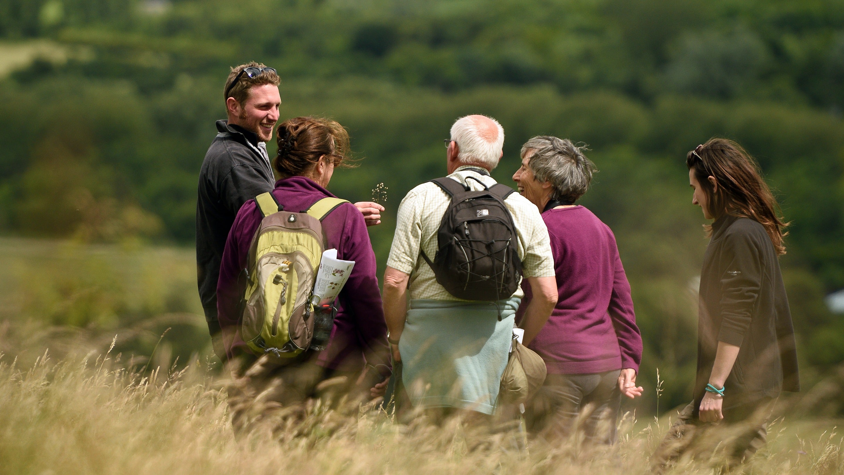 Volunteers on a guided nature walk at Sharpenhoe Clappers, Sharpenhoe, Bedfordshire