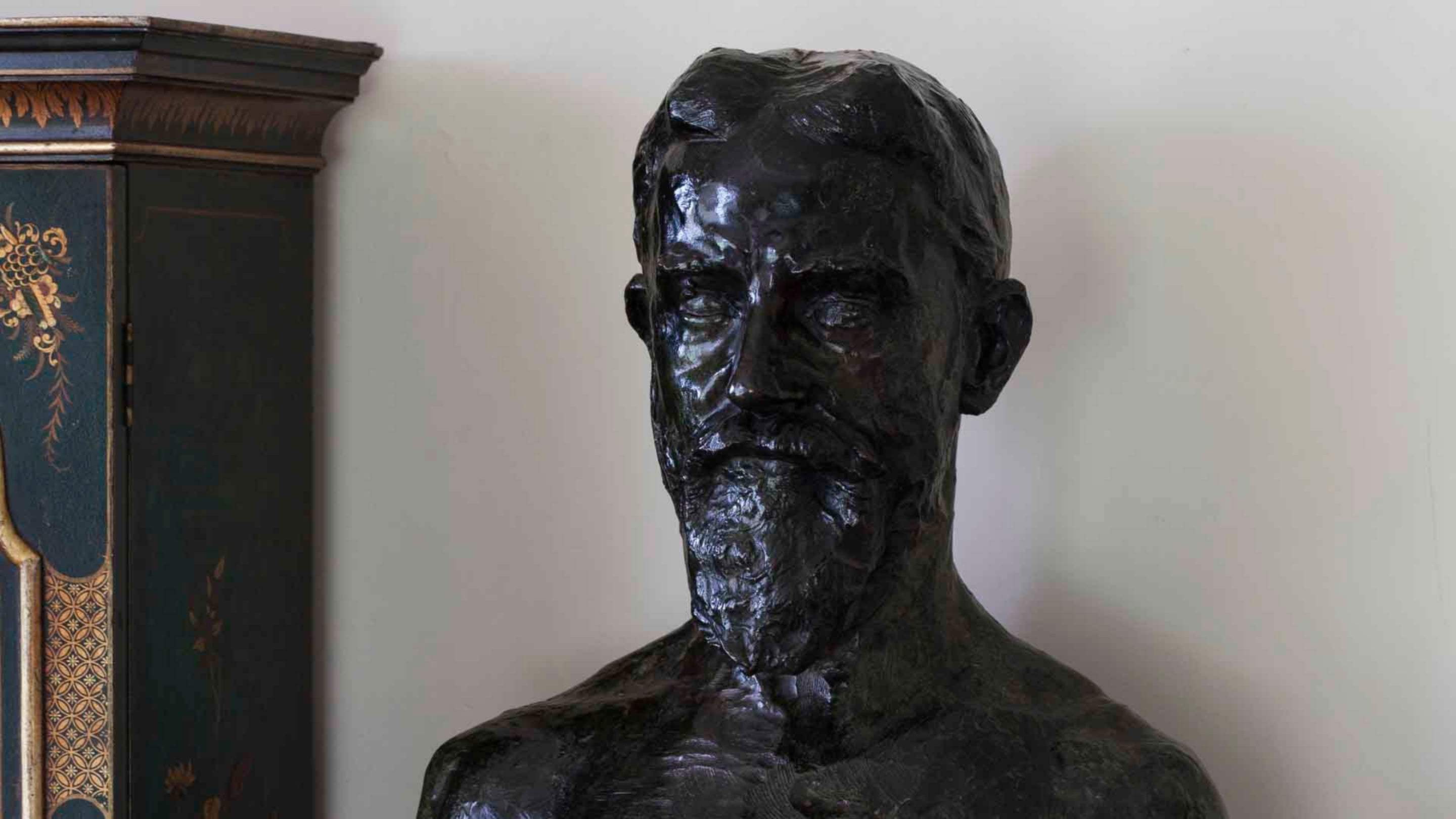 Bronze bust of George Bernard Shaw by Auguste Rodin (1840-1917), dating from 1906, standing in the Drawing Room at Shaw's Corner, Hertfordshire