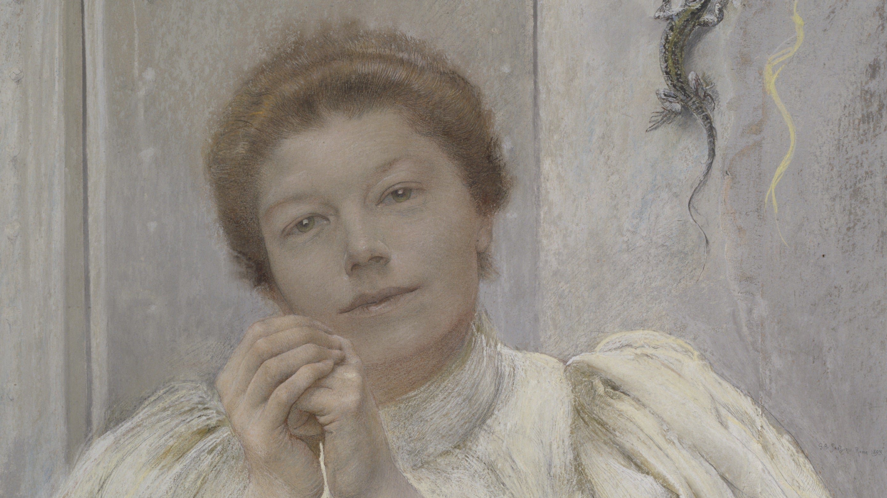 Part of a portrait of Charlotte Payne-Townshend, later Charlotte Shaw, showing her hands clasped in front of her face.