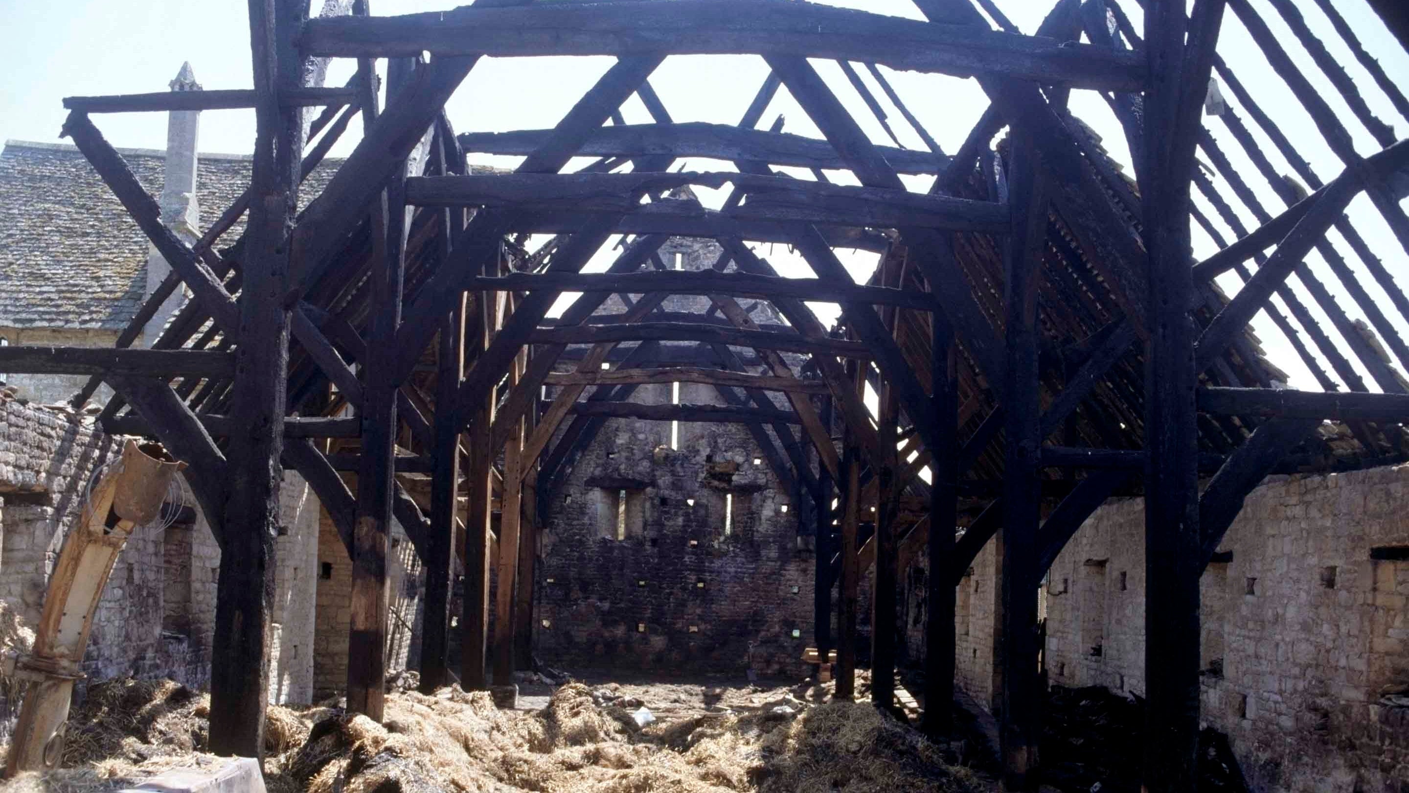 Bredon tithe barn after the fire in April 1980