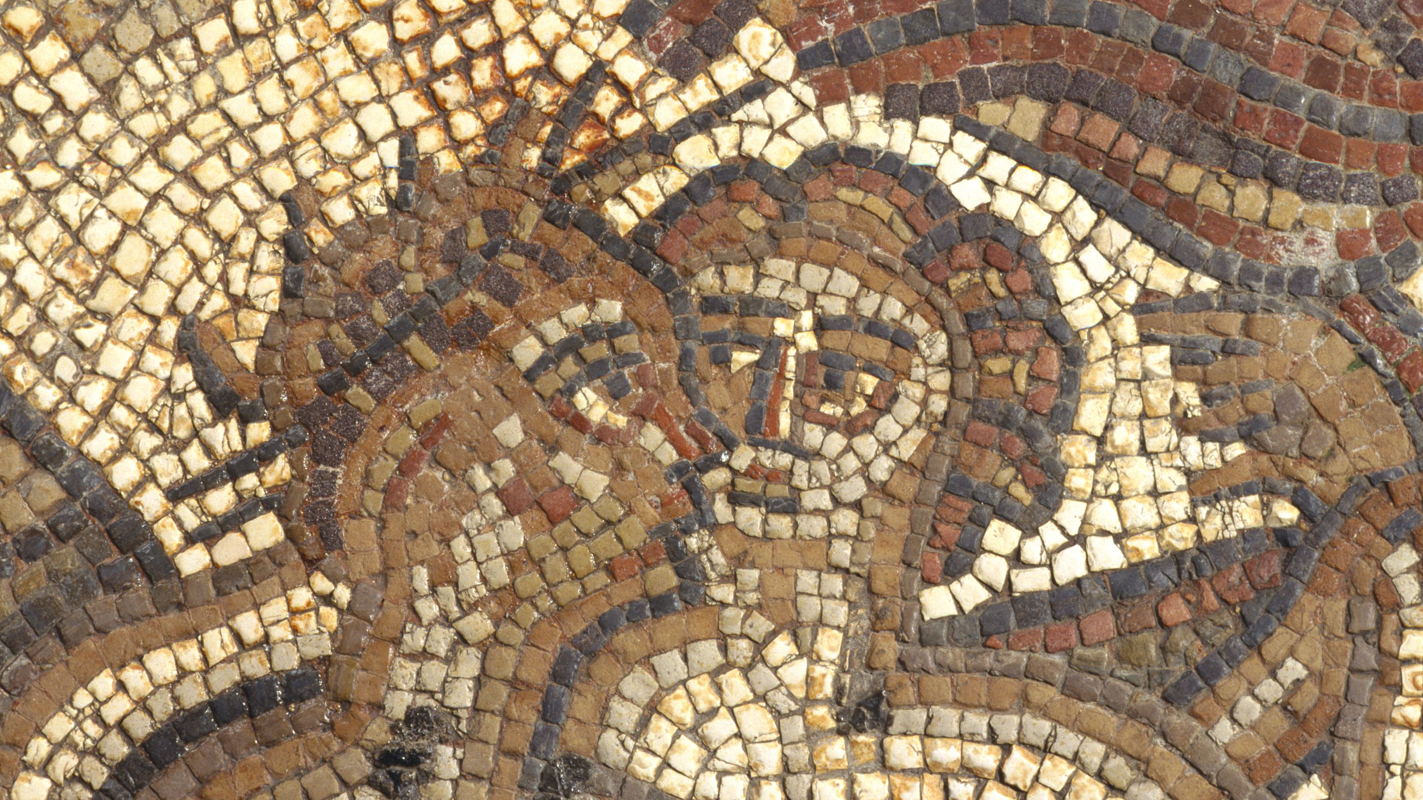 Detail showing Bacchus and Ariadne in the mosaic in the Dining Room at Chedworth Roman Villa, Gloucestershire