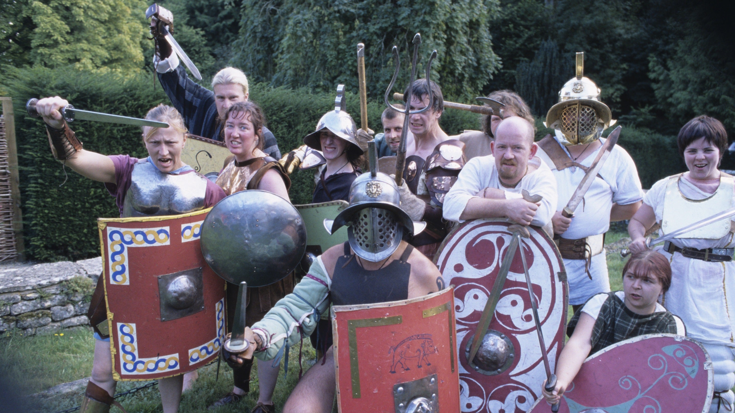 A Roman gladiator re-enactment at Chedworth Roman Villa, Gloucestershire