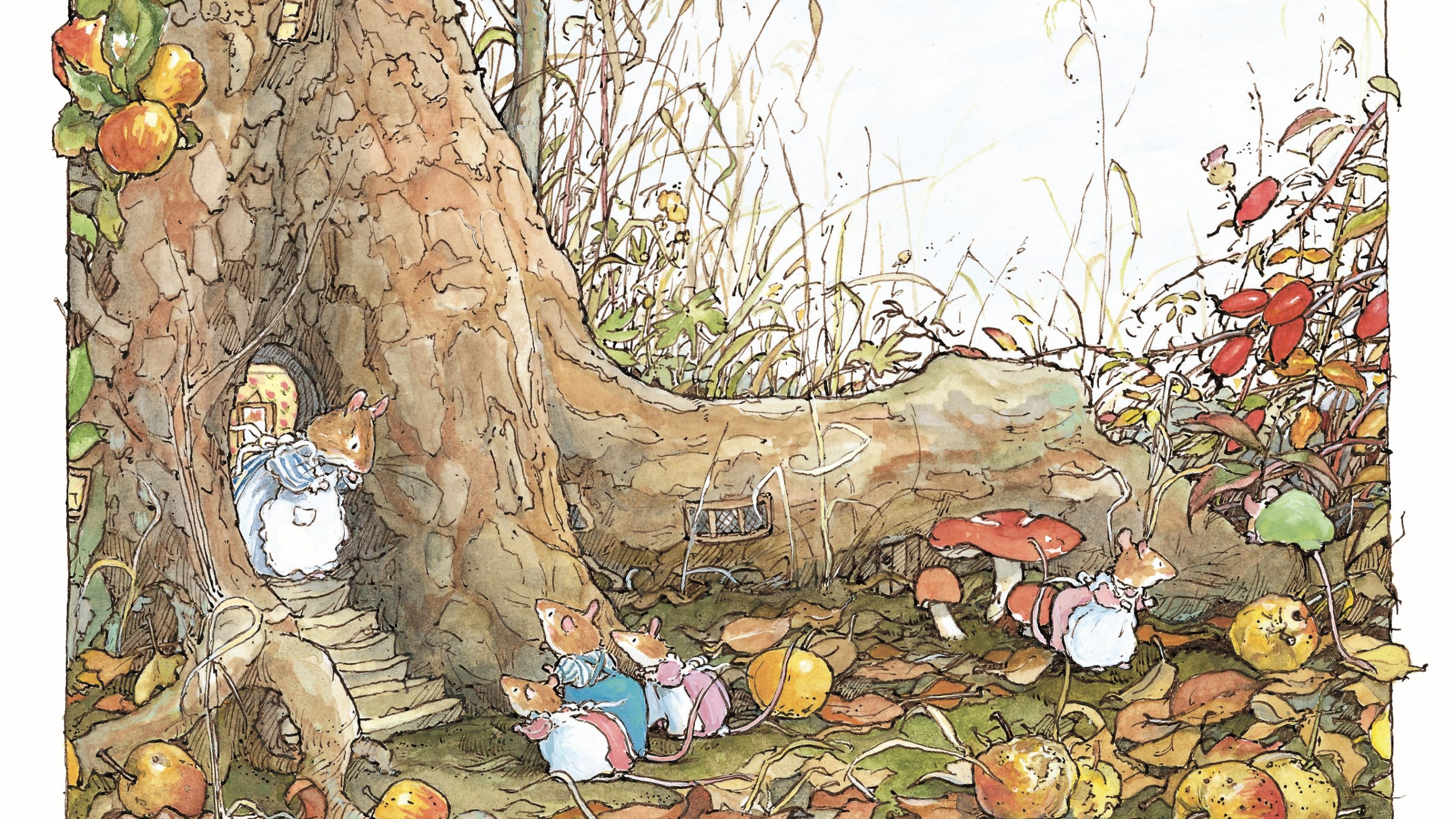 Illustration of a mouse at the door at the bottom of a oak tree