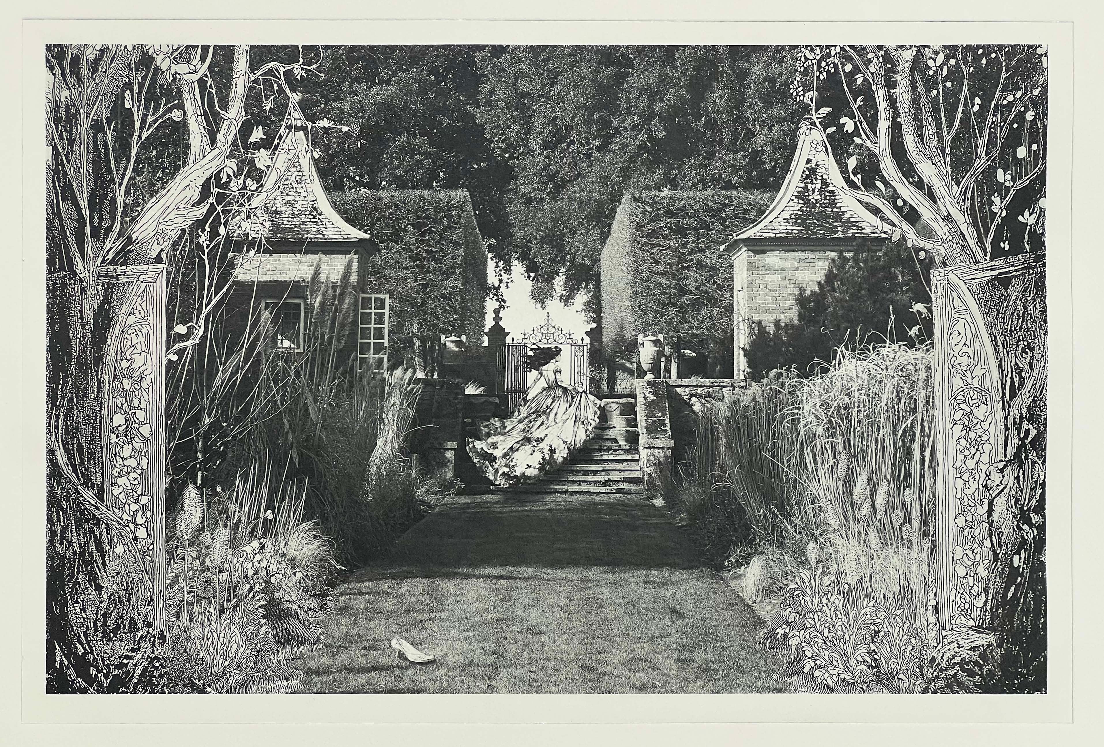 An black and white image depicting Cinderella running up the steps of the Red Borders at Hidcote, with her glass slipper being left behind.